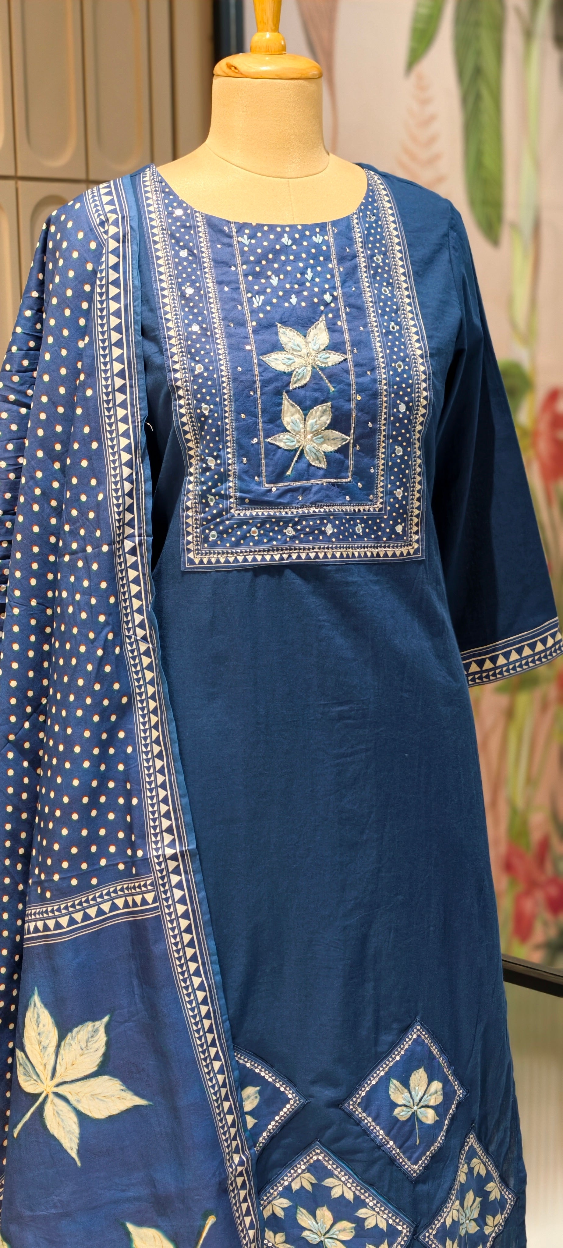 Indigo Blue Butter soft Cotton Kurta Set with Handblock Floral Motifs, Straight Pants & Printed Dupatta-13877