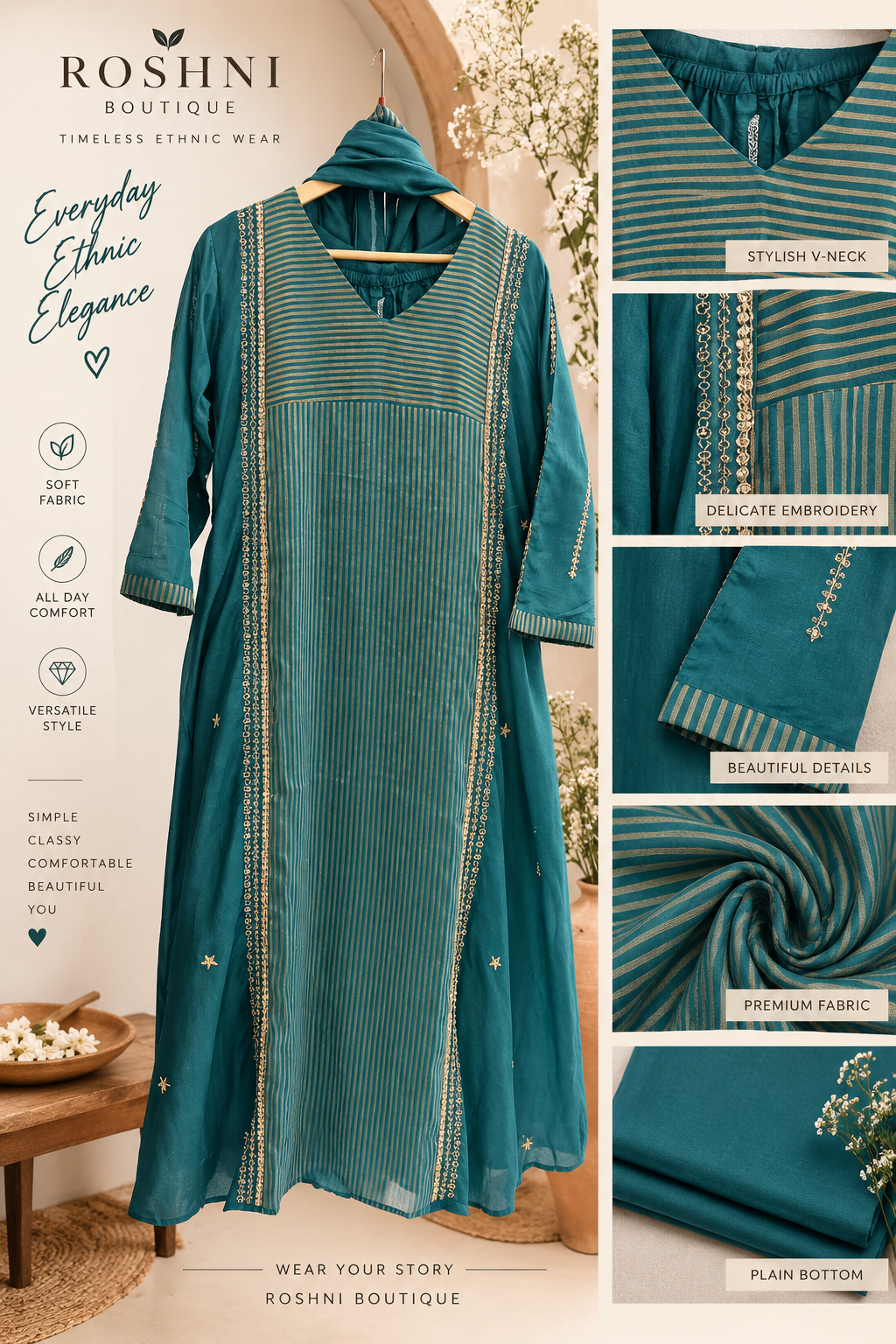 Golden Stripes Intricate Sequin Embroidery Banarasi Mul Chanderi A-Line Full Suit Set With Matching Dupatta- 16339