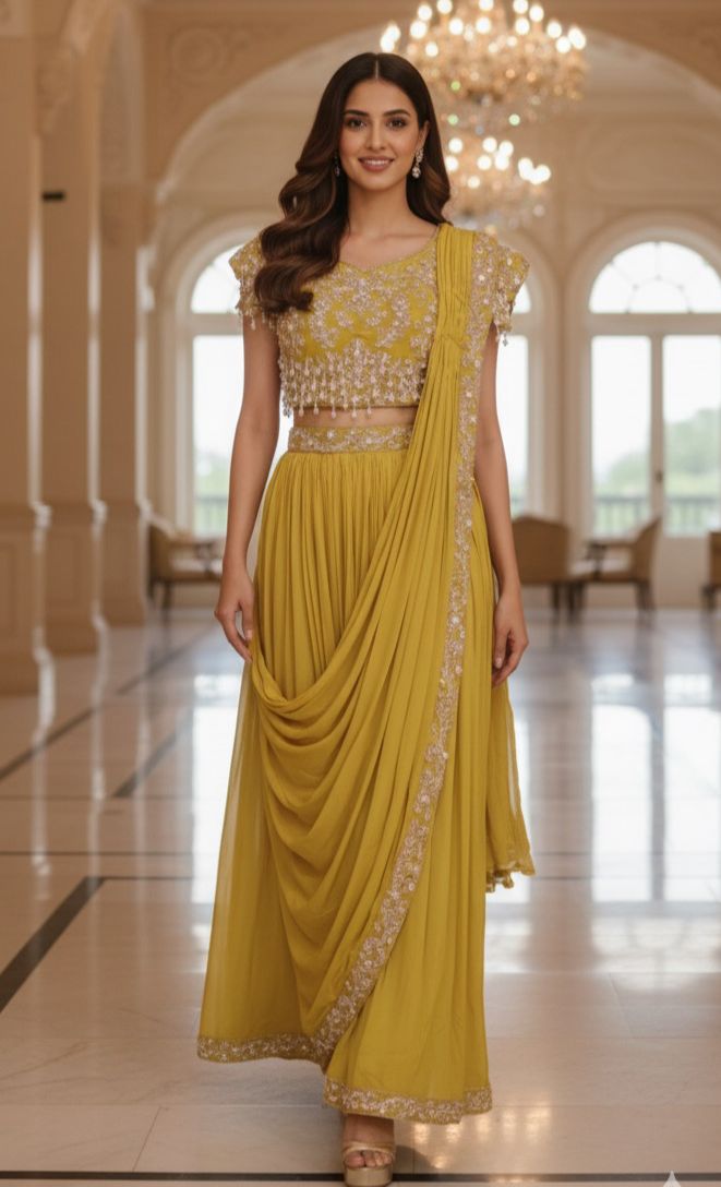 Sequin Embroidered With Heavy Pearl Tassel Blouse & Drape Skirt Saree Style Outfit