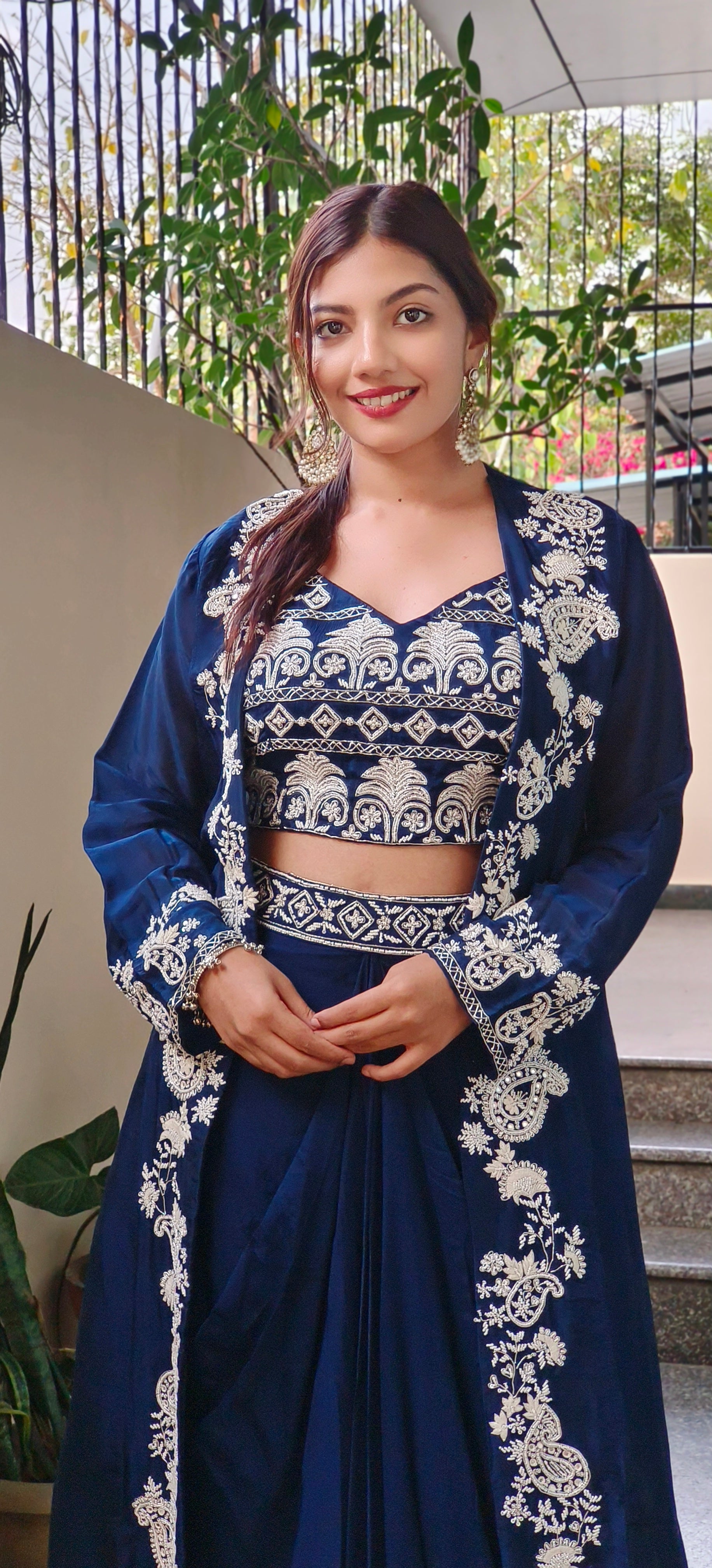 Designer Indo western croptop with skirt and organza shrug