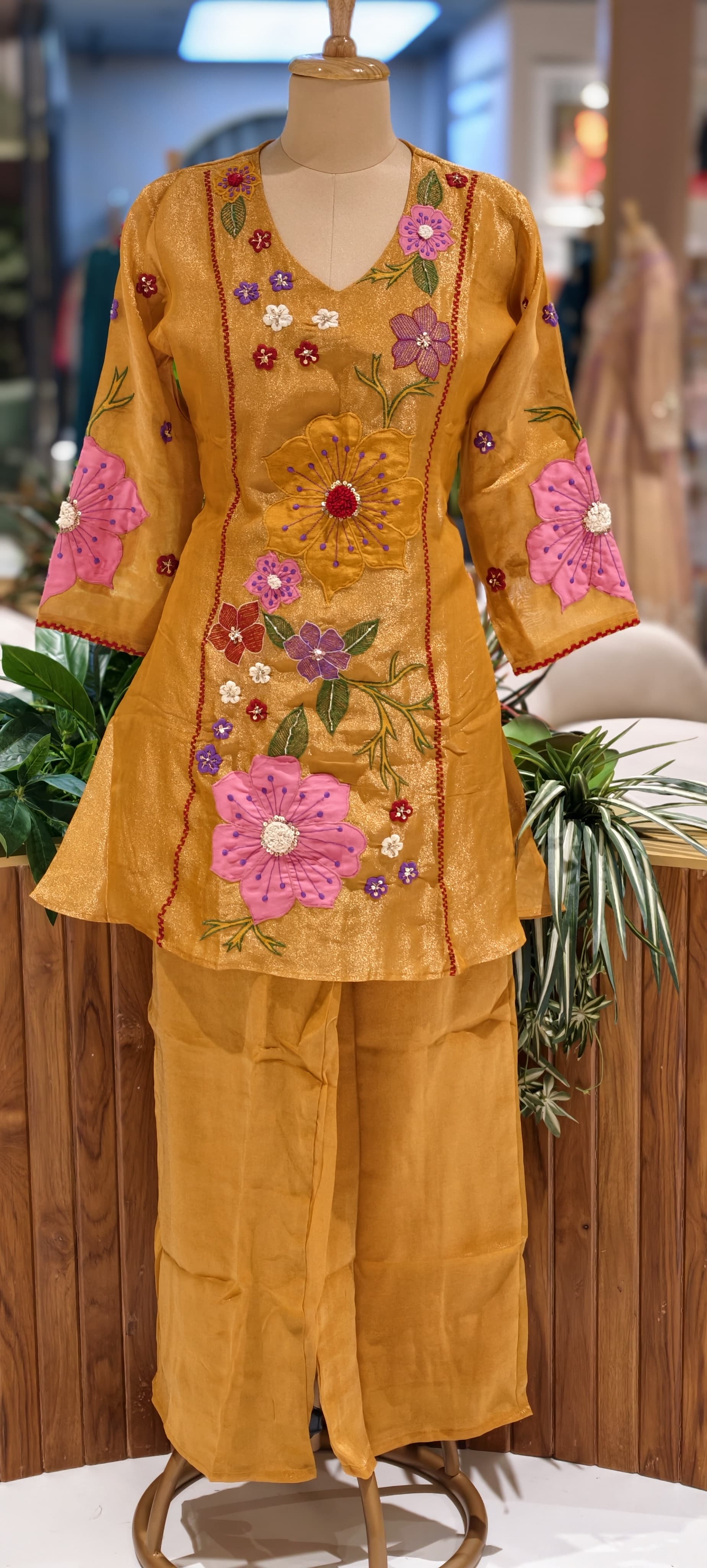Luxury Shimmer Tissue Hand Embroidered Kurta with Palazzo Set-13812