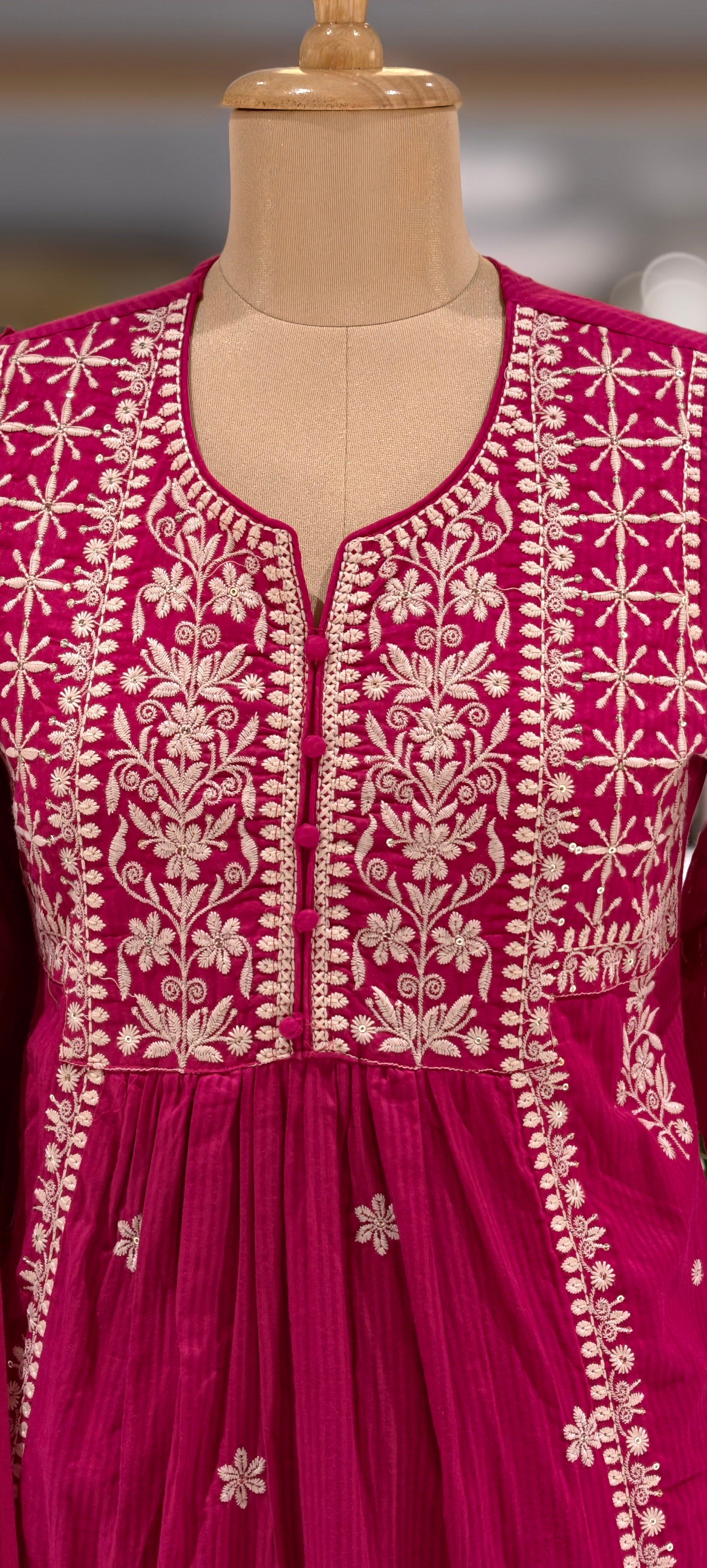 Chikankari Style Thread Embroidered Aline Kurta Set with Pants & Dupatta