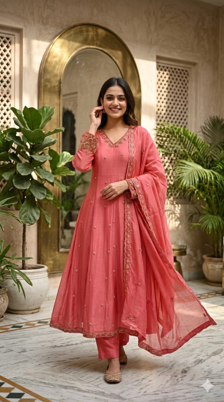 Heavy Chinon Cut-Dana Hand Embroidered Flared Anarkali Full Suit Set With Statement Dupatta- 15240