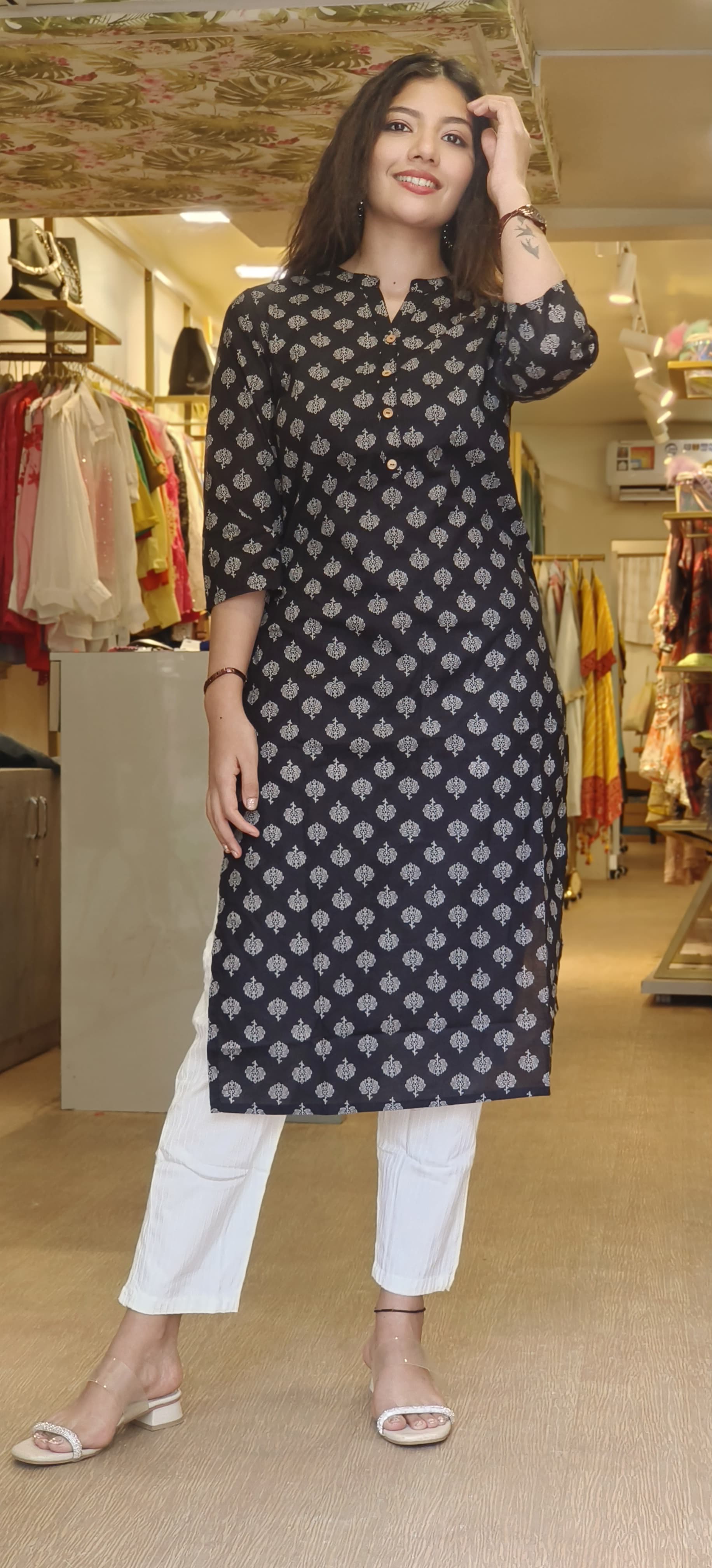 Summer Chic Mandarin Collar Floral Print Pure Cotton Kurti for Everyday Elegance-08749