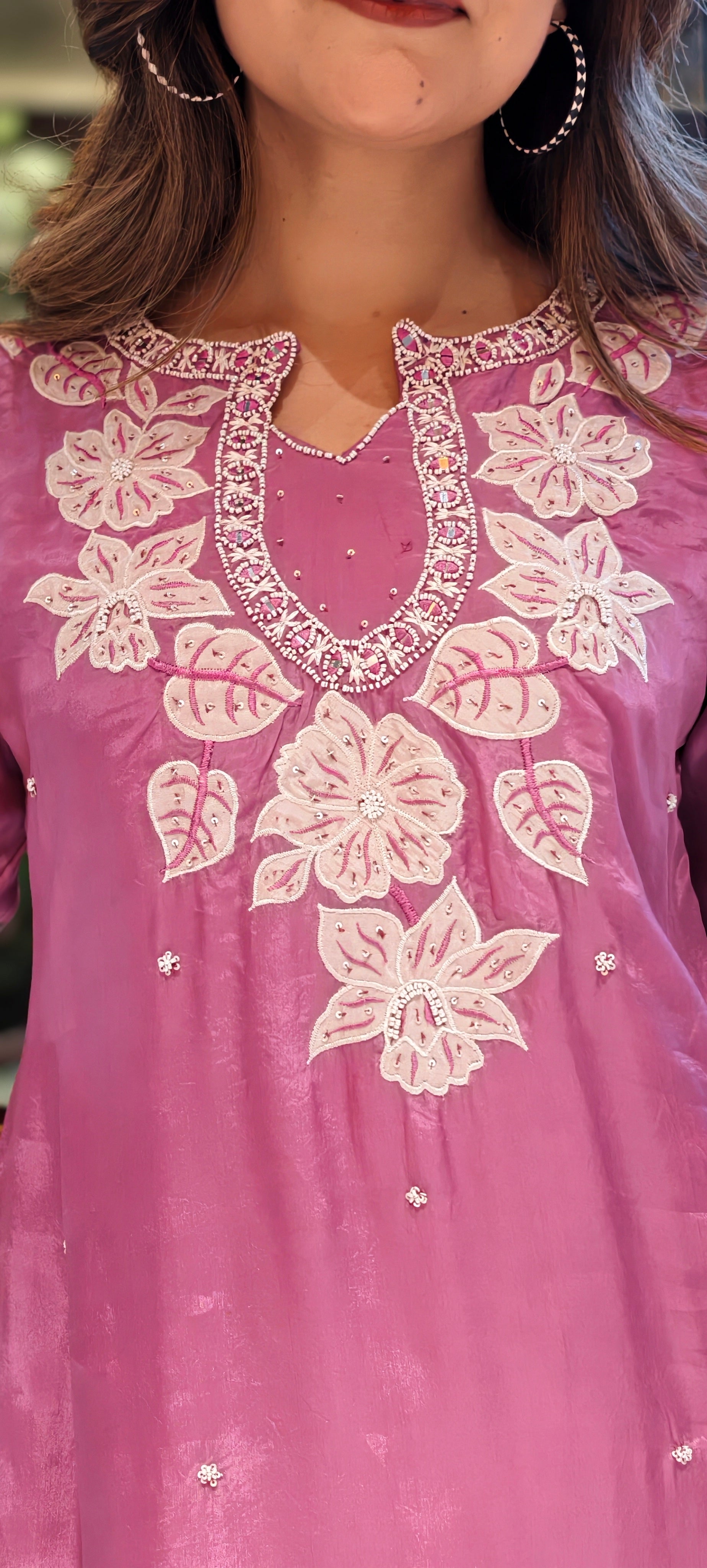 Ethereal Blooms: Hand-Embroidered Organza Silk Co-ord Set with Scalloped Lace Detailing13917