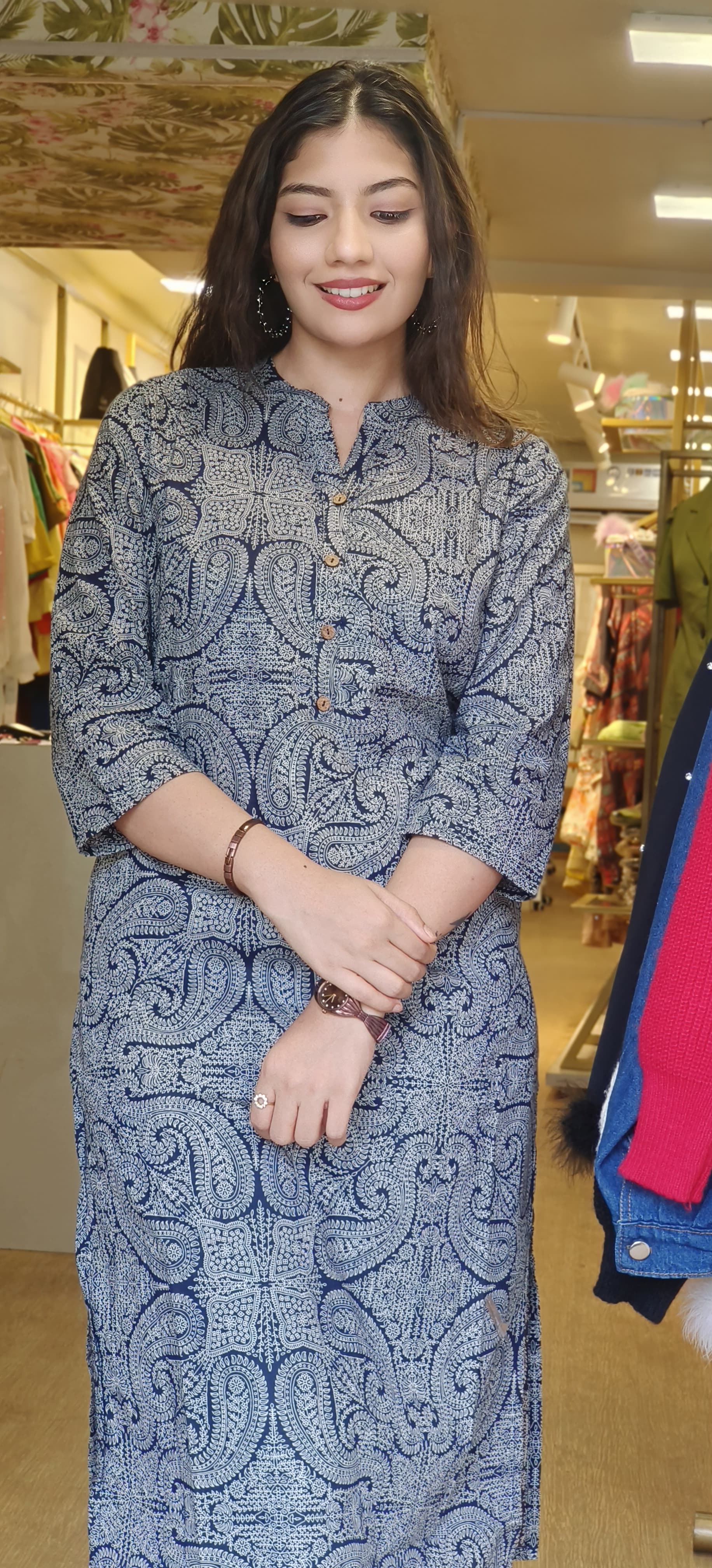 Summer Chic Mandarin Collar Floral Print Pure Cotton Kurti for Everyday Elegance-08749