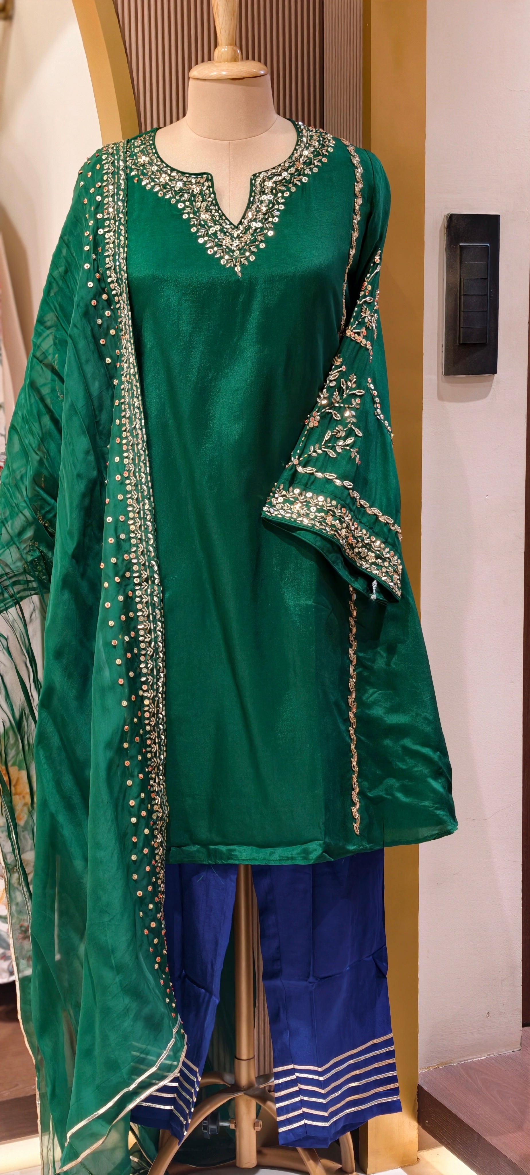 Tiny Sequin Detailing Hand Worked Contrast Mix Vibrant A-Line Full Suit Set With Dupatta In Russian Silk Fabric- 13808
