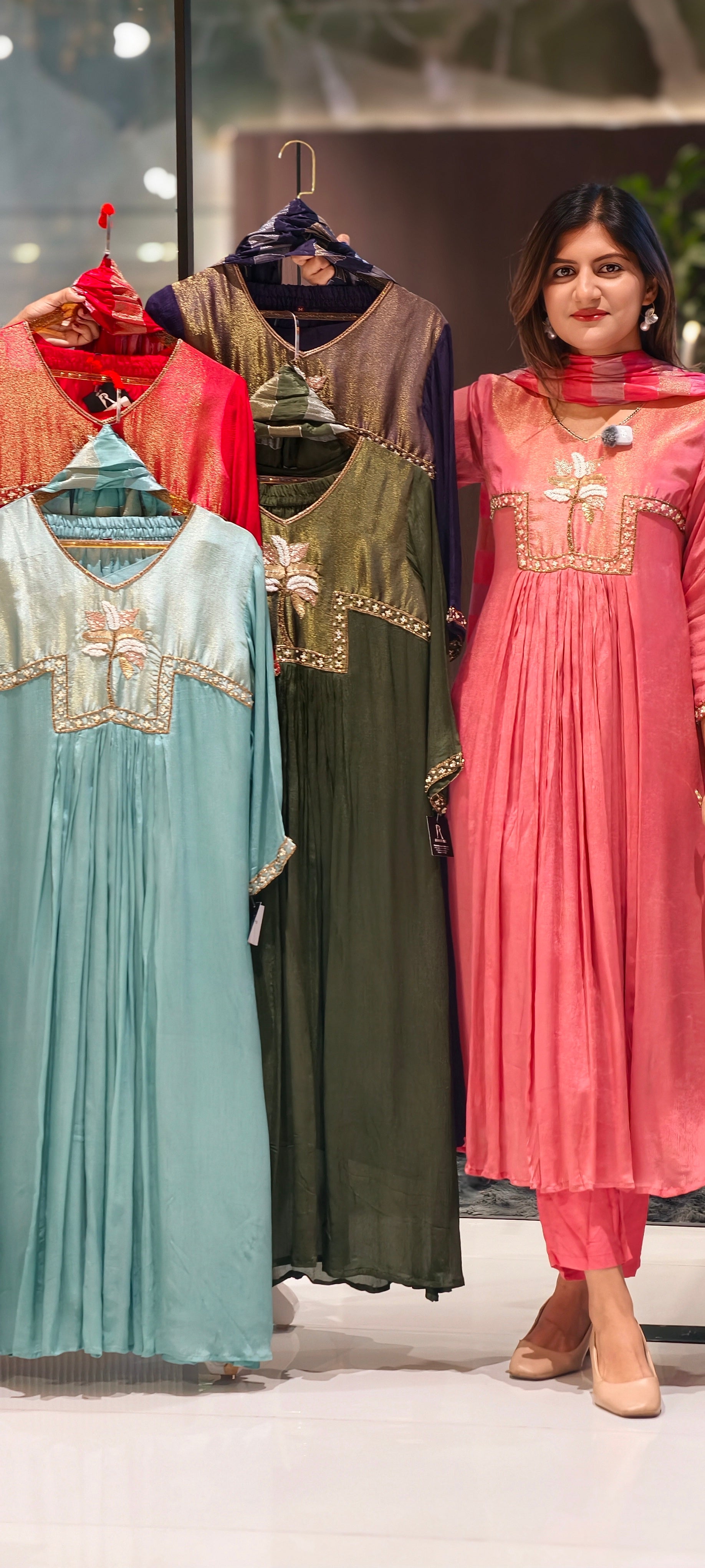 Ghoomar Palm Inspired Embroidered Yoke Chinon Matching Anarkali Full Suit Set With Dupatta- 15235