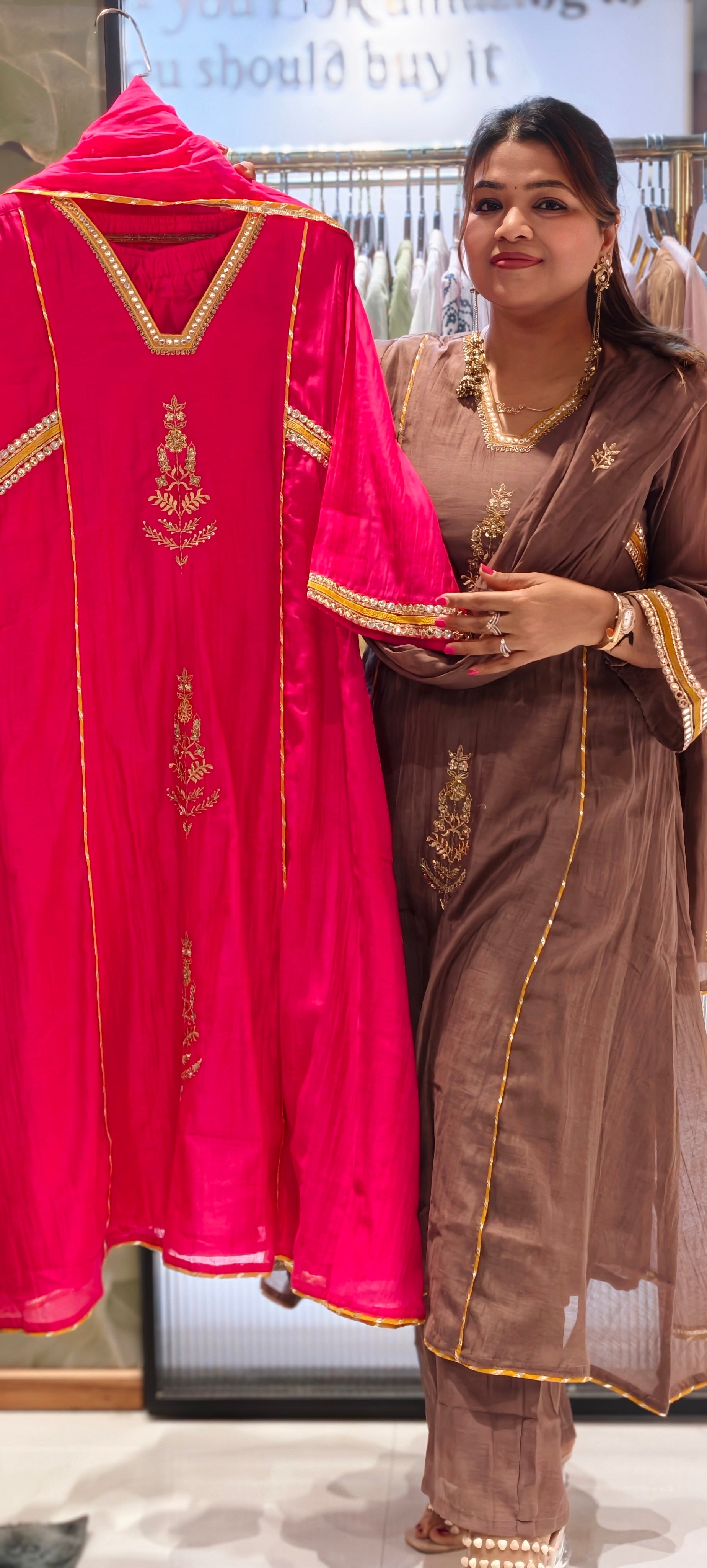 Beautiful Kundan Look Front Embroidery Highlighted A-Line Mul-Chanderi Full Suit Set With Dupatta- 15851