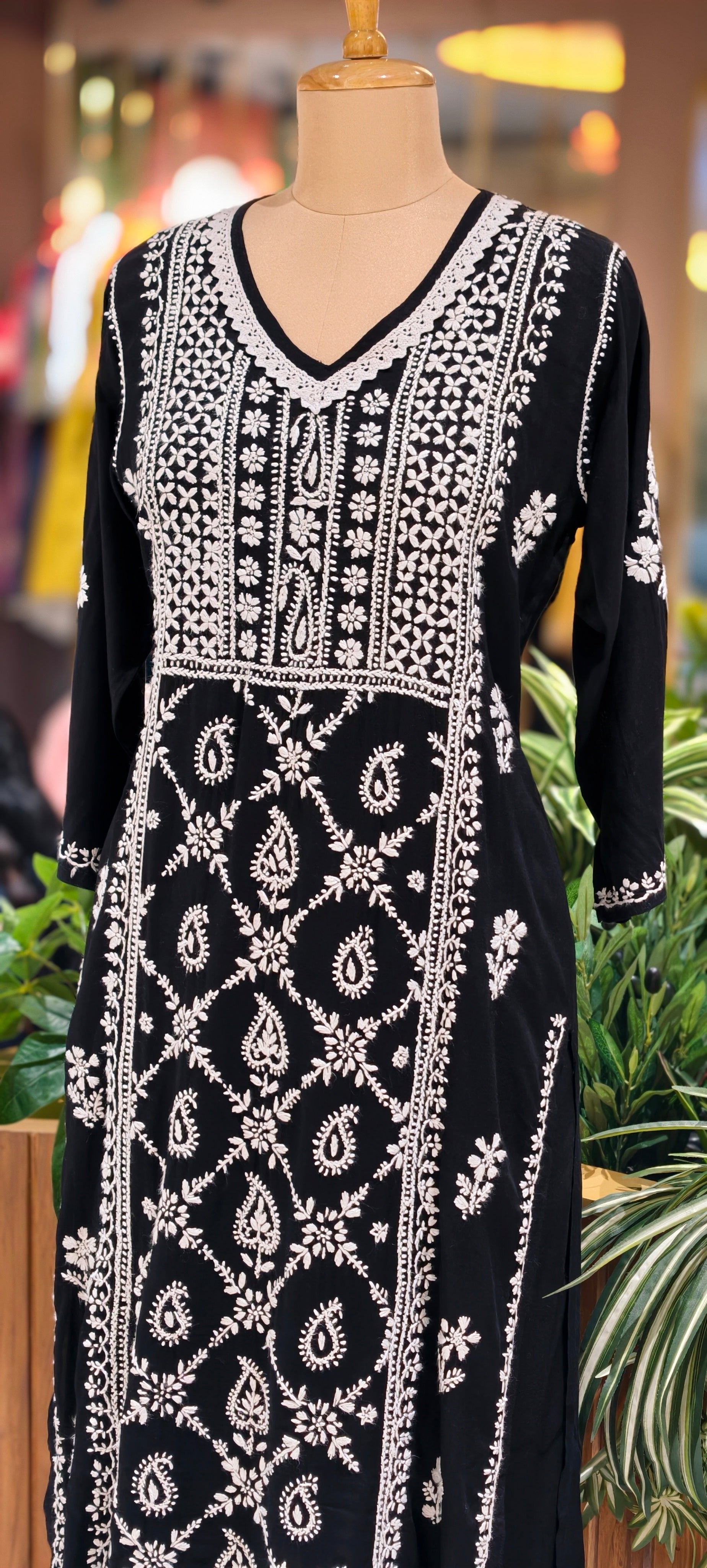 Beautiful Muslin Fabric without Lining  Lucknowi style kurta pant set with Intricate White Thread Embroidery -13947