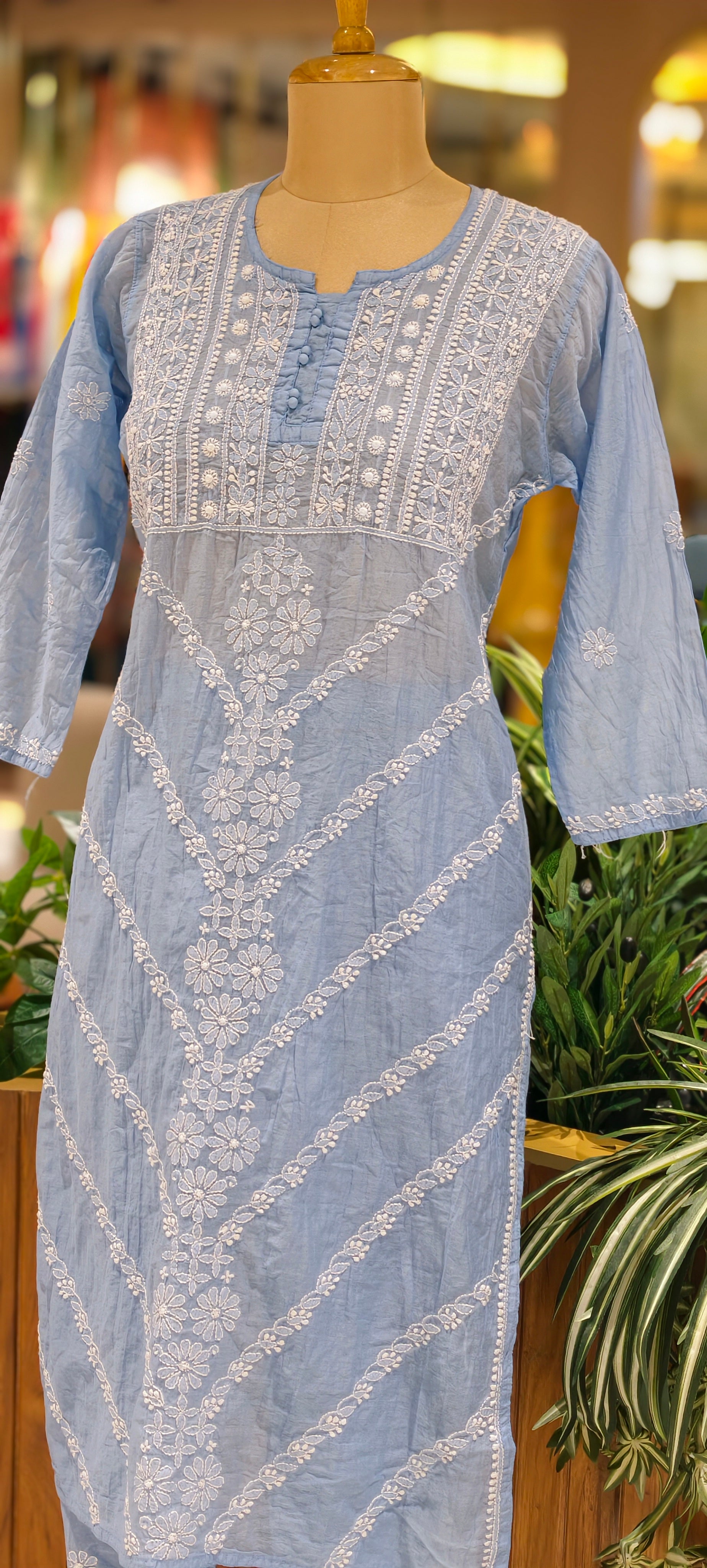 Mul Chanderi Lucknowi Style Embroidered Kurta Pant Set-13952