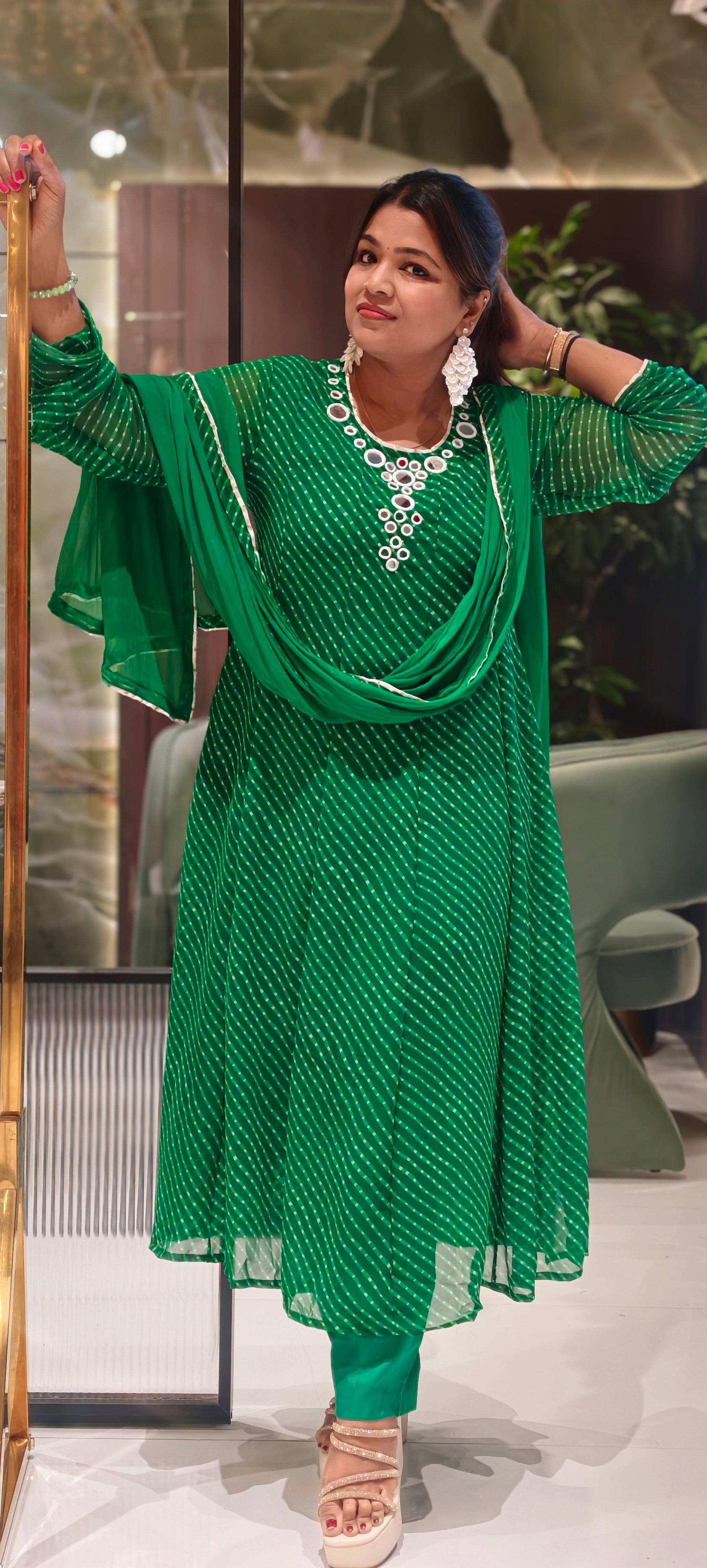 Graceful Green Ethnic Printed Kurti with Beautiful Embellished Neckline Georgette Anarkali Full Suit Set With Dupatta- 15712