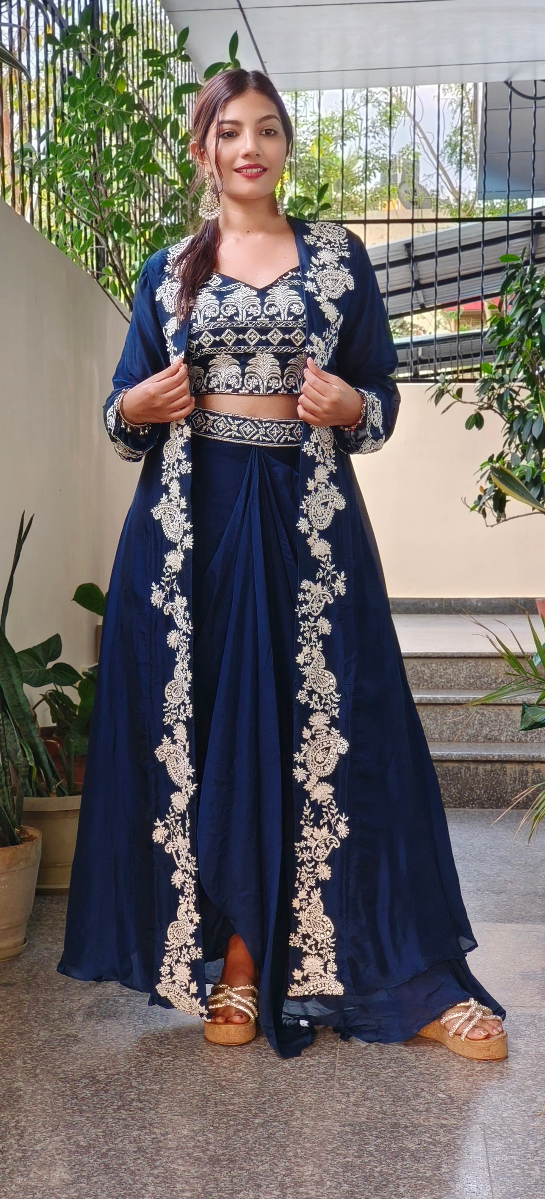 Designer Indo western croptop with skirt and organza shrug