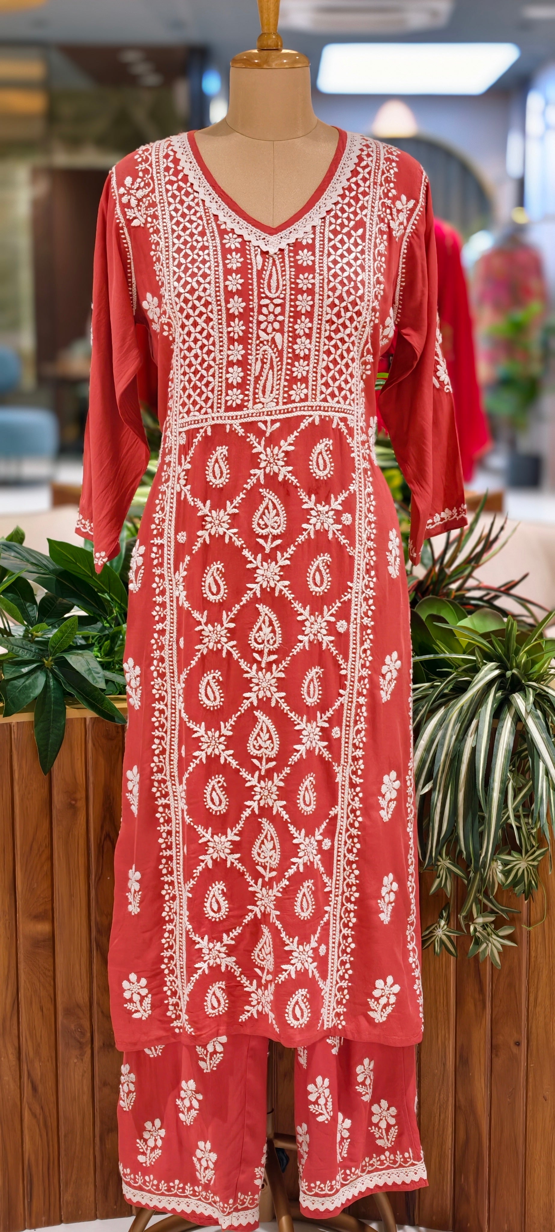 Beautiful Muslin Fabric without Lining  Lucknowi style kurta pant set with Intricate White Thread Embroidery -13947