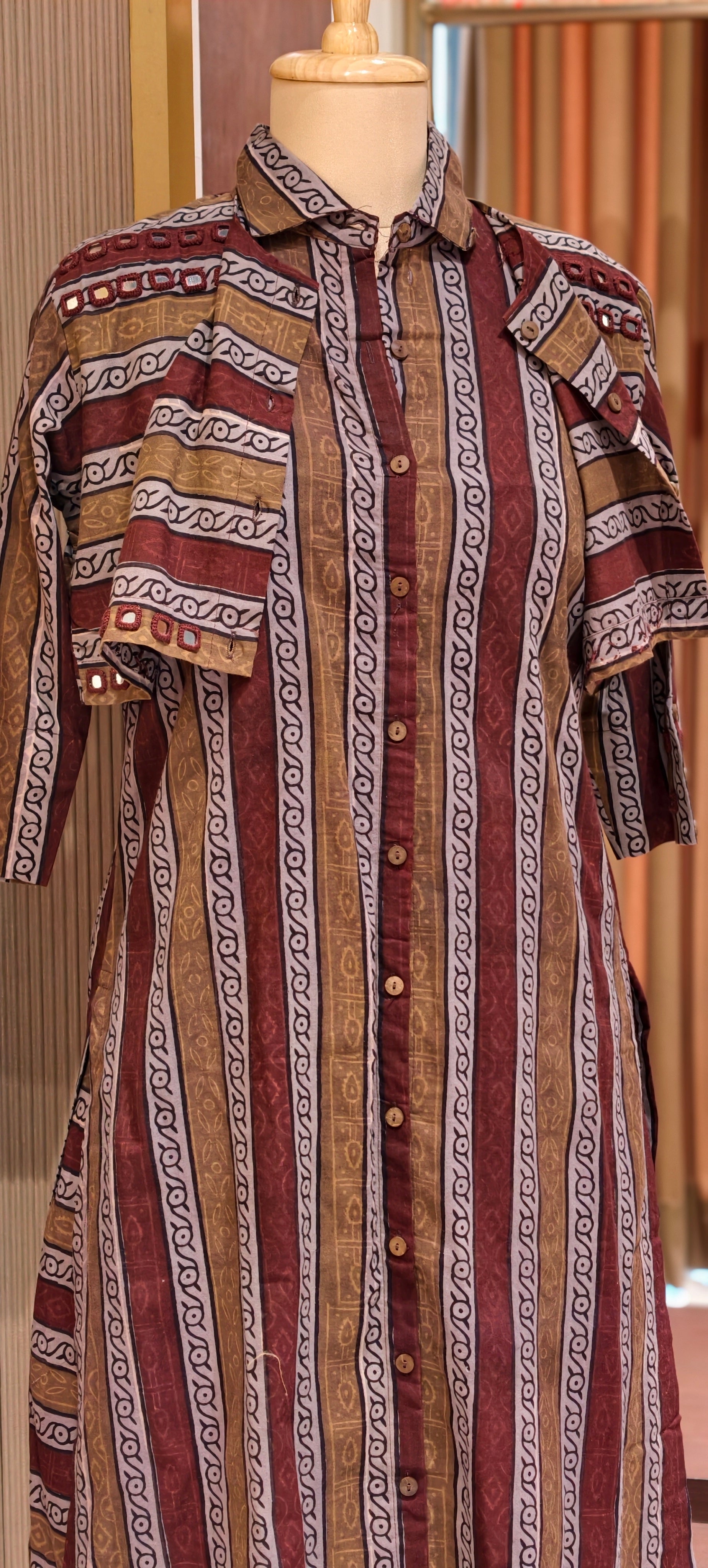 Handloom Cotton 3-Piece Kurta Pant Set with Printed Short attached Jacket Overlay-14191 RB180