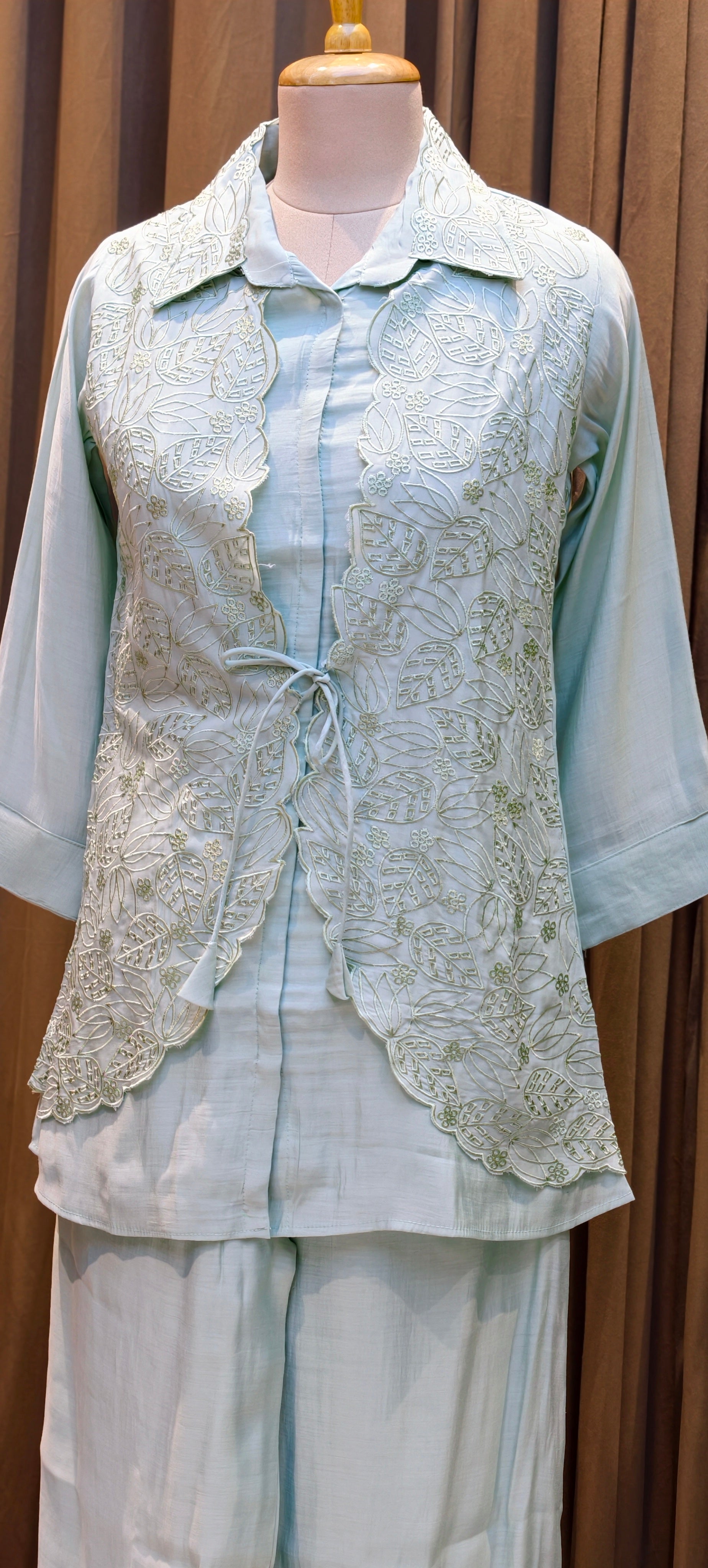 Pastel Surat Mul Chanderi Kurta Set with Statement Embroidered Attached Jacket-13904