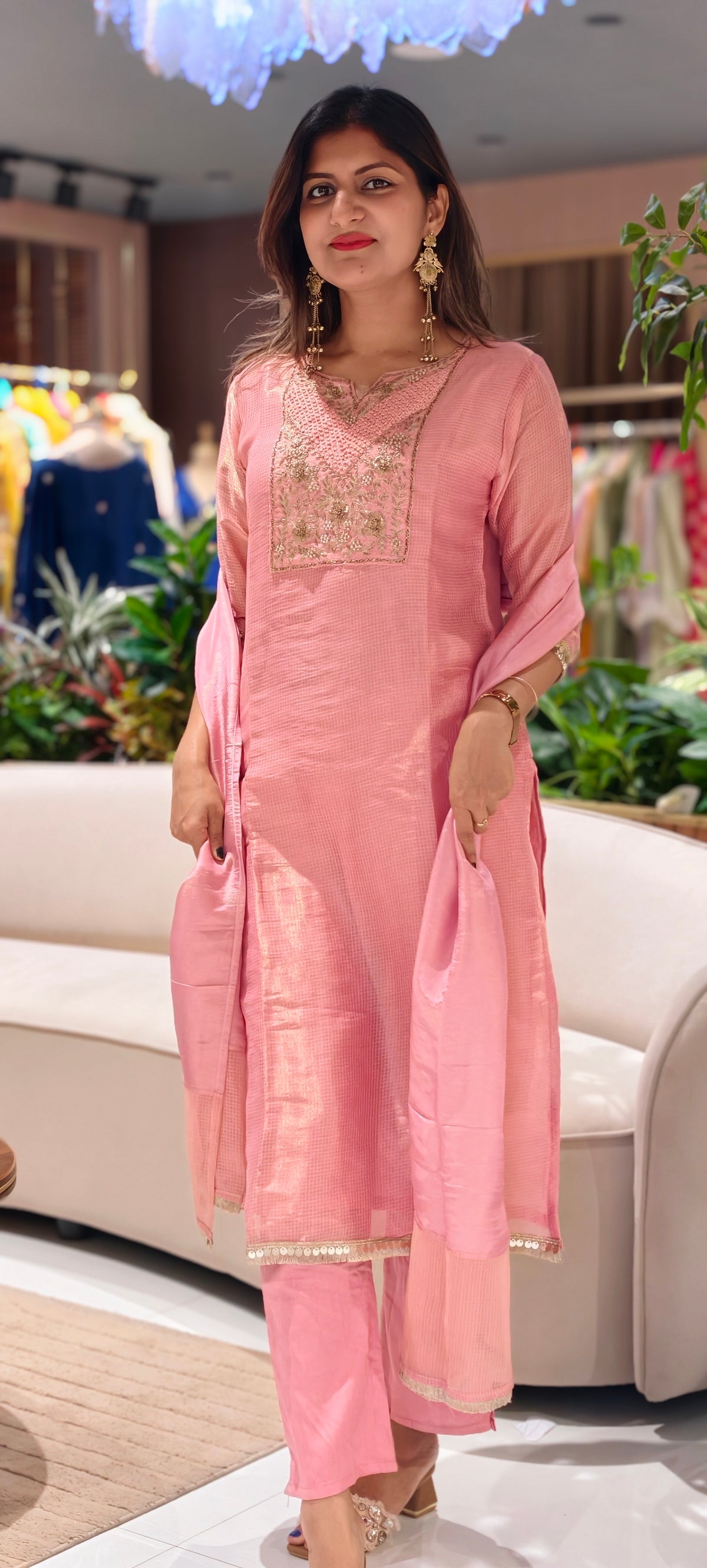 Blush Kota Tissue Checks Elegant Yoek Embroidery Staright Full Suit Set With Dupatta- 16244