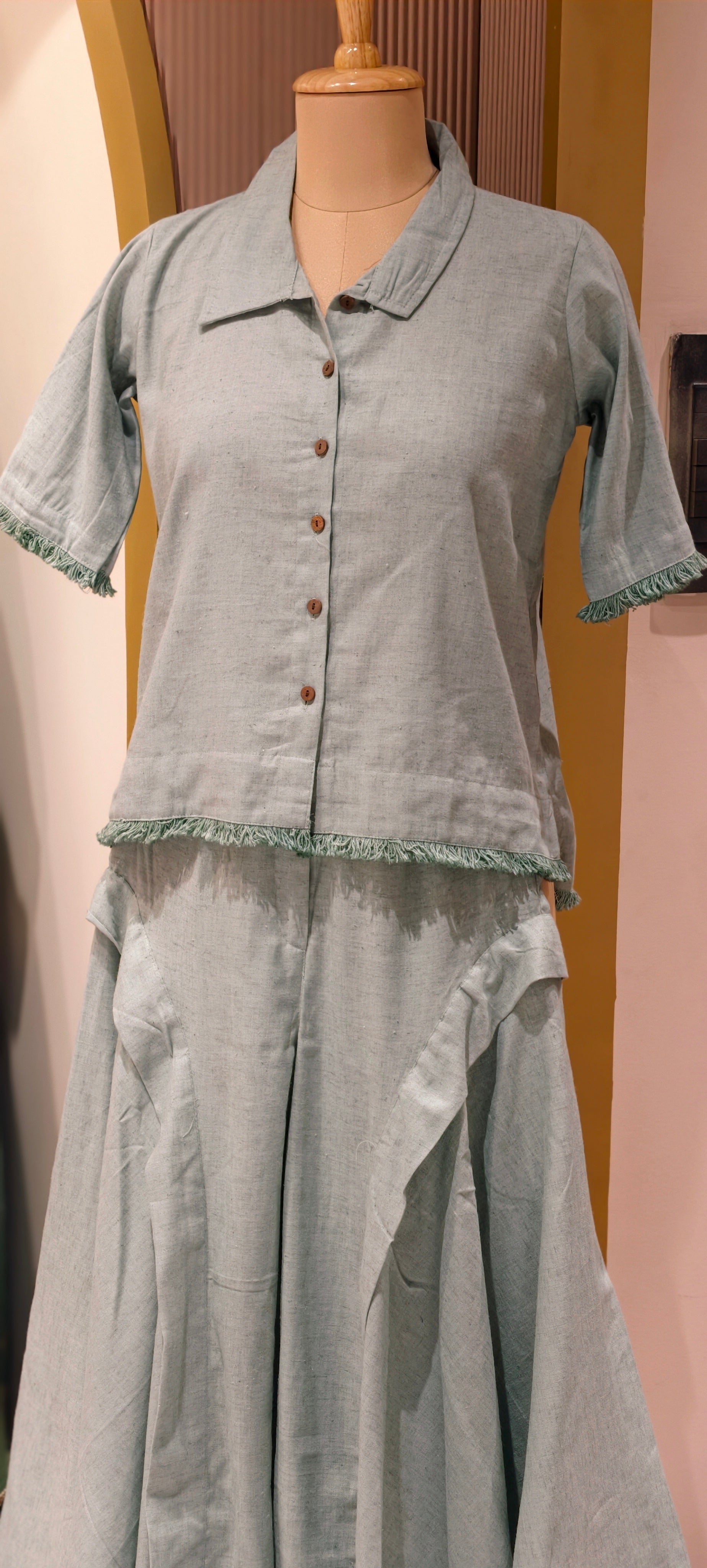 Handloom Cotton Shirt Co-Ord Set with With Short Top & Statement Flared Bottom Pants-14192 RB177