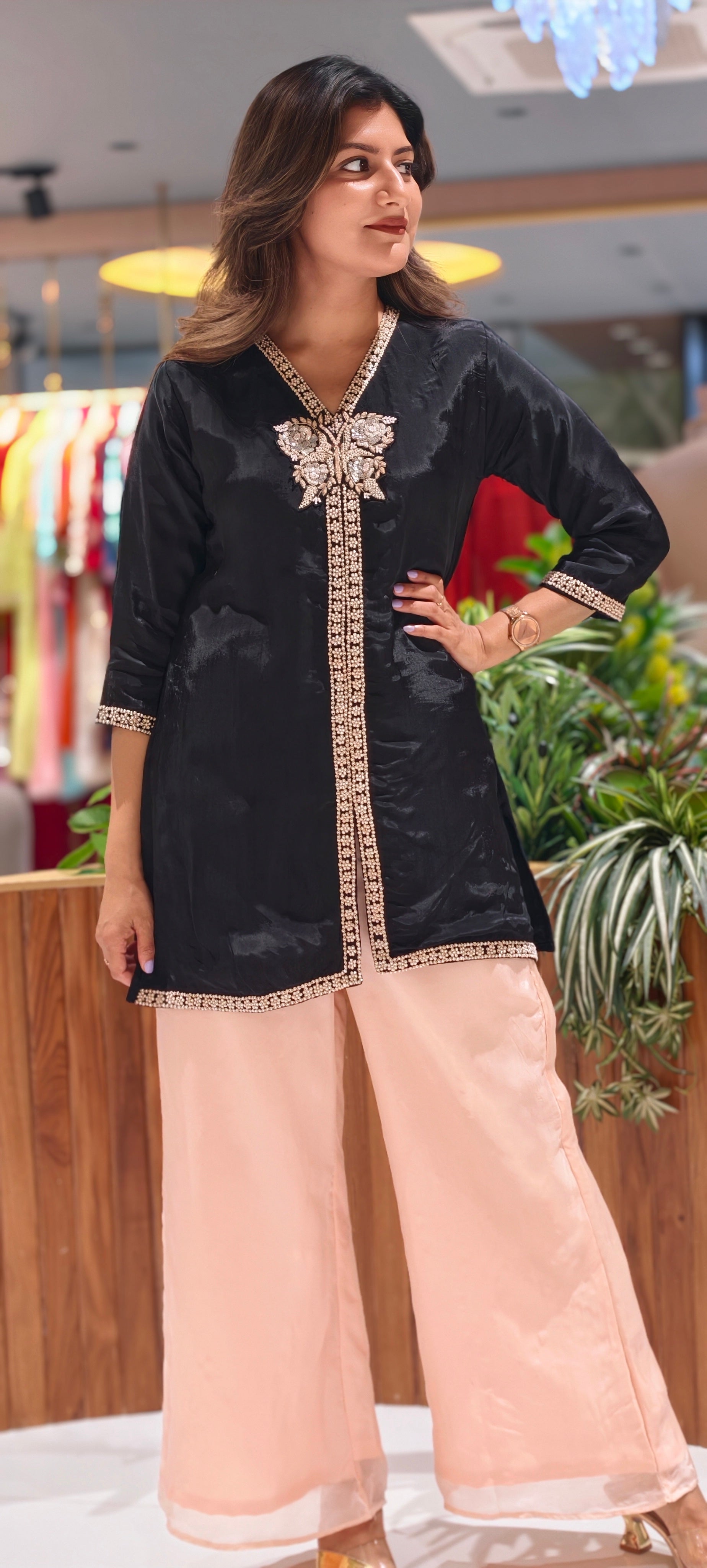 Midnight Bloom Hand-Embroidered Butterfly Tunic & Pale Rose Palazzo Ensemble13927