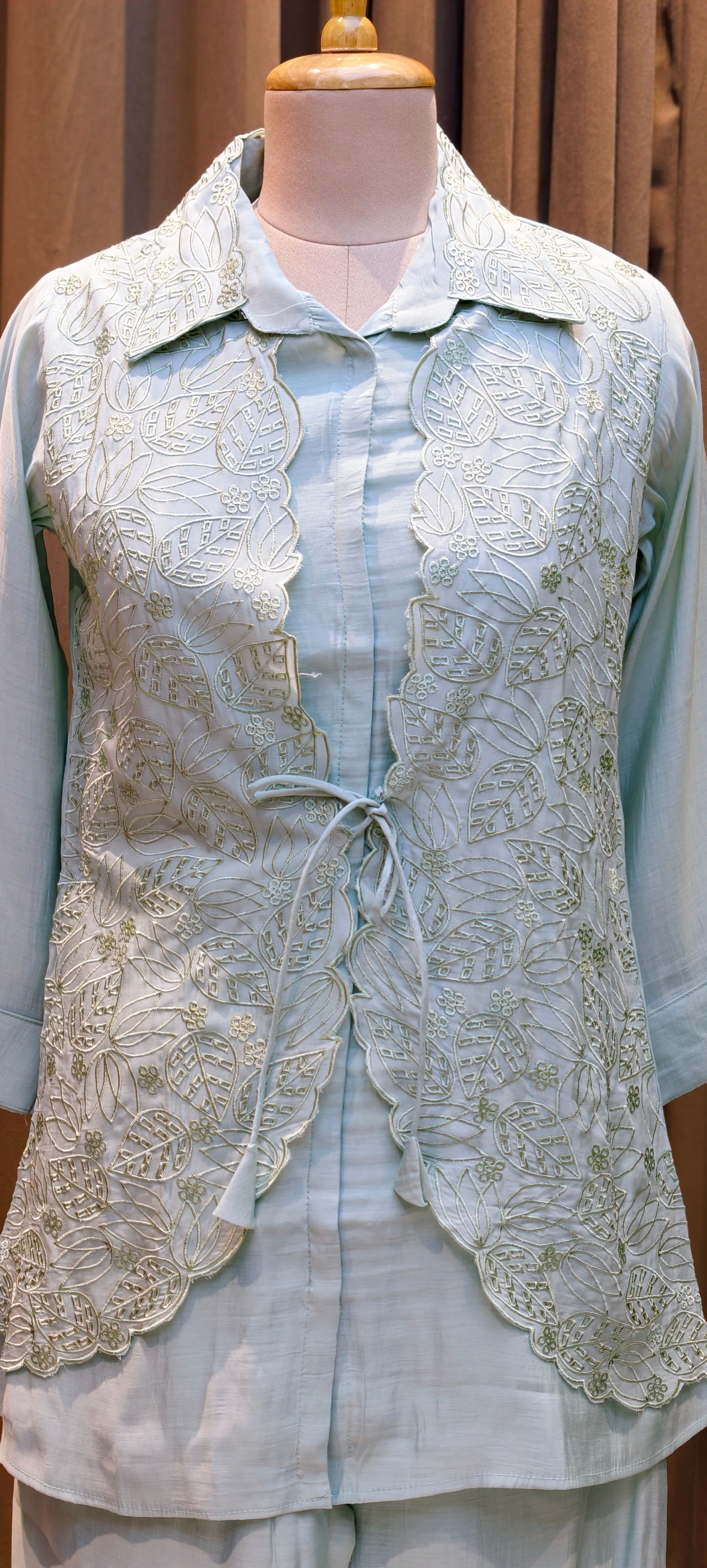 Pastel Surat Mul Chanderi Kurta Set with Statement Embroidered Attached Jacket-13904