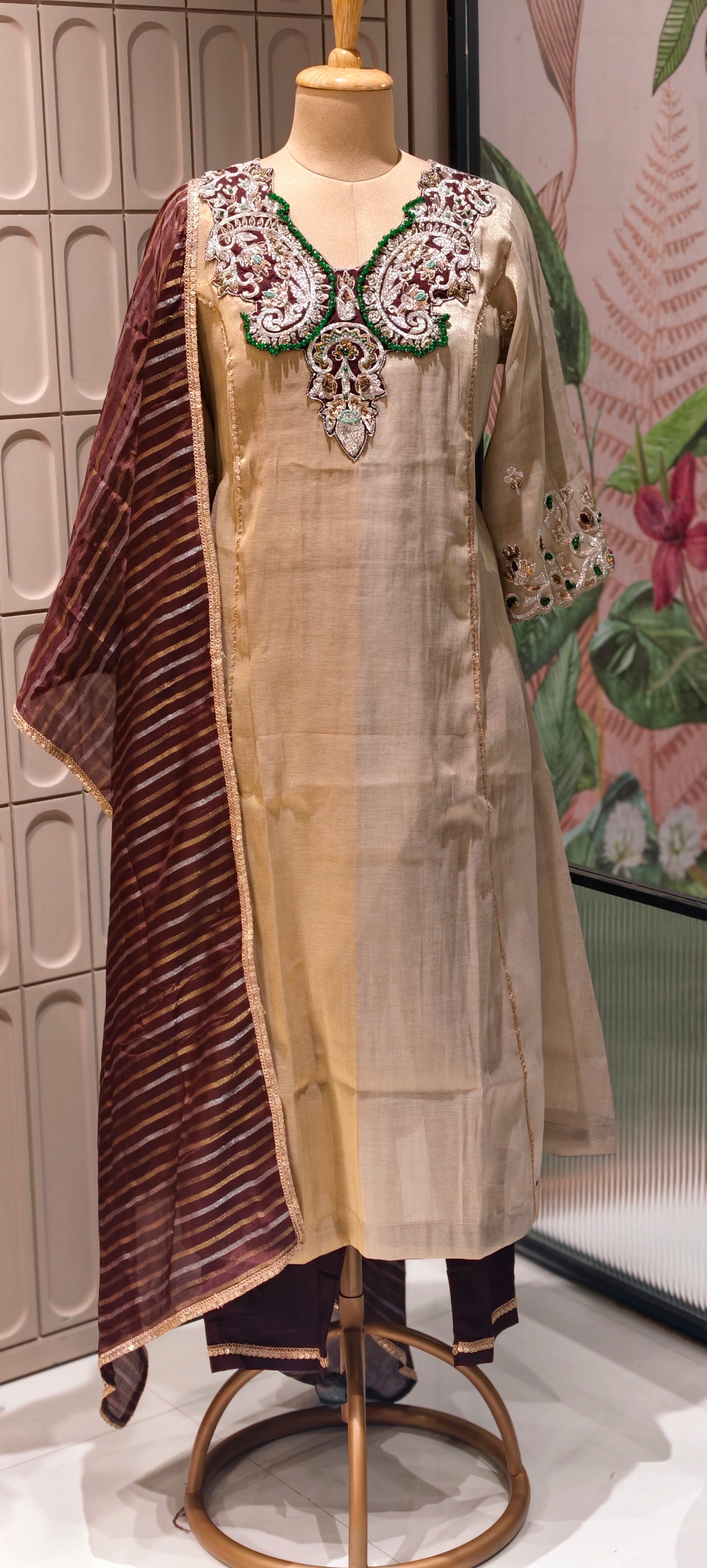 Luxury Designer Tissue Kurta Set with Hand Embellished Zari & Stone Work Neckline and Contrast  Dupatta-13809