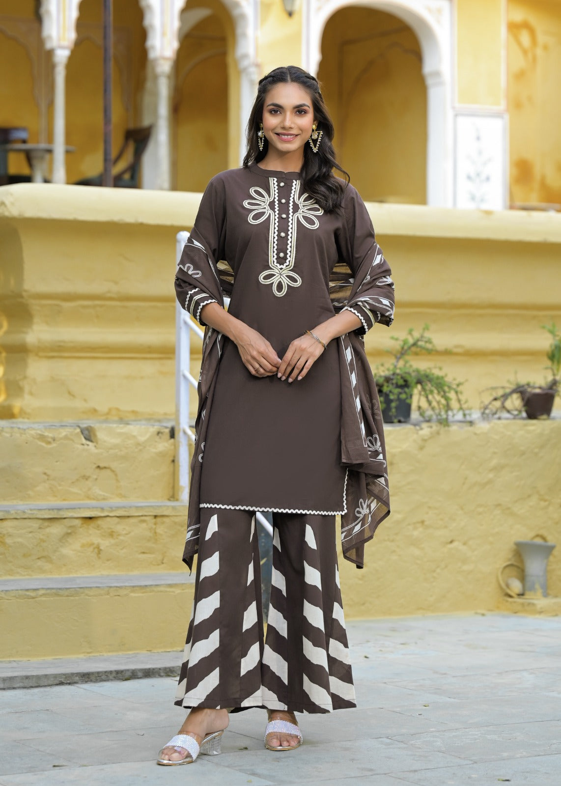 Summer Wear Embroidered Cotton Kurta With Taper Palazzo With Dupatta-12210,12211,12212,12209