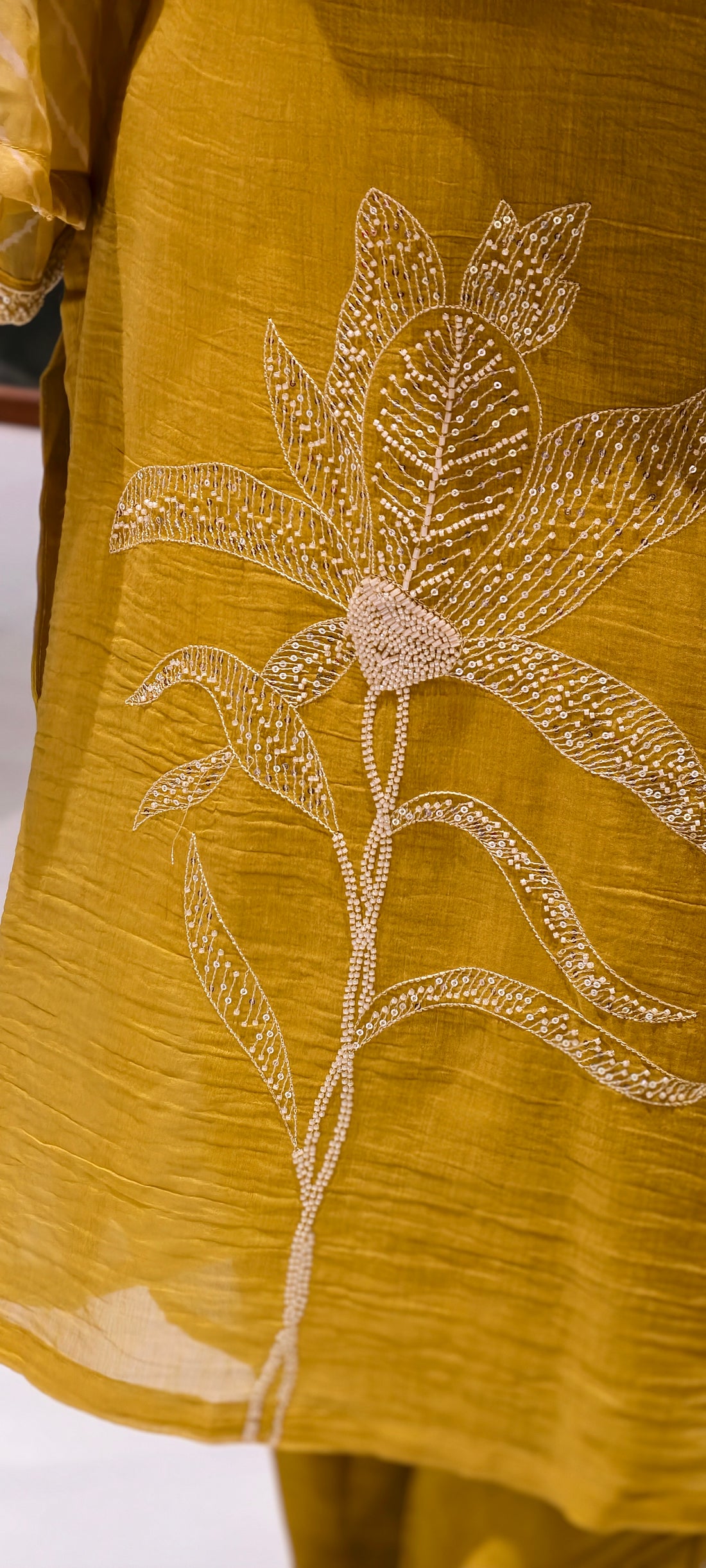 Mustard Yellow Floral Embroidered Kurta Pant Set with Striped Organza Dupatta Fabric Pure Banarasi Mulchanderi -13790