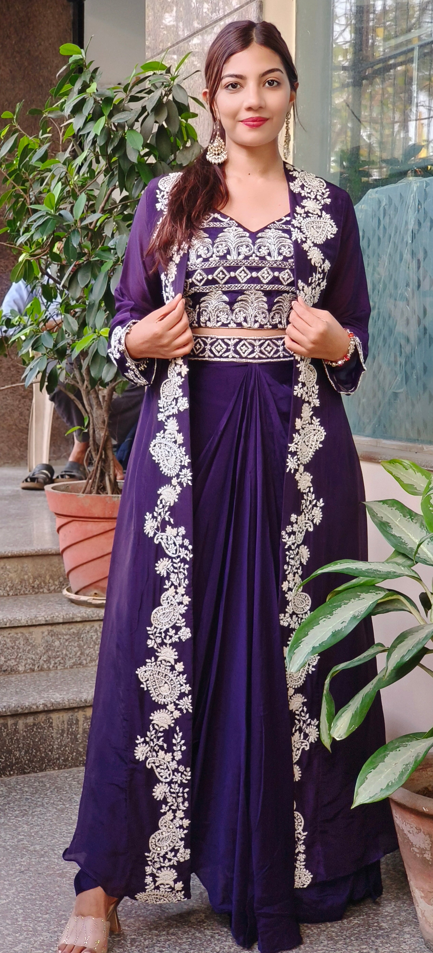 Designer Indo western croptop with skirt and organza shrug