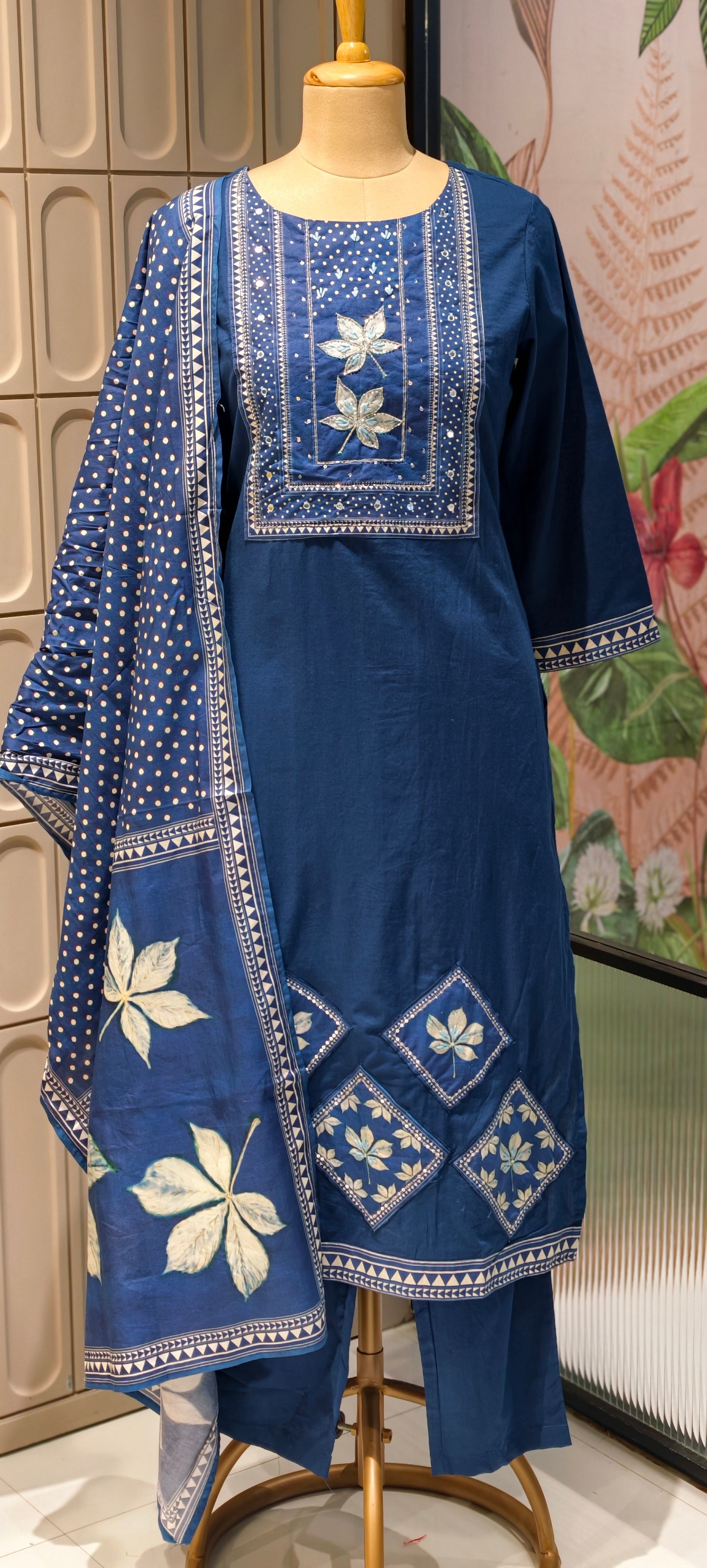 Indigo Blue Butter soft Cotton Kurta Set with Handblock Floral Motifs, Straight Pants & Printed Dupatta-13877