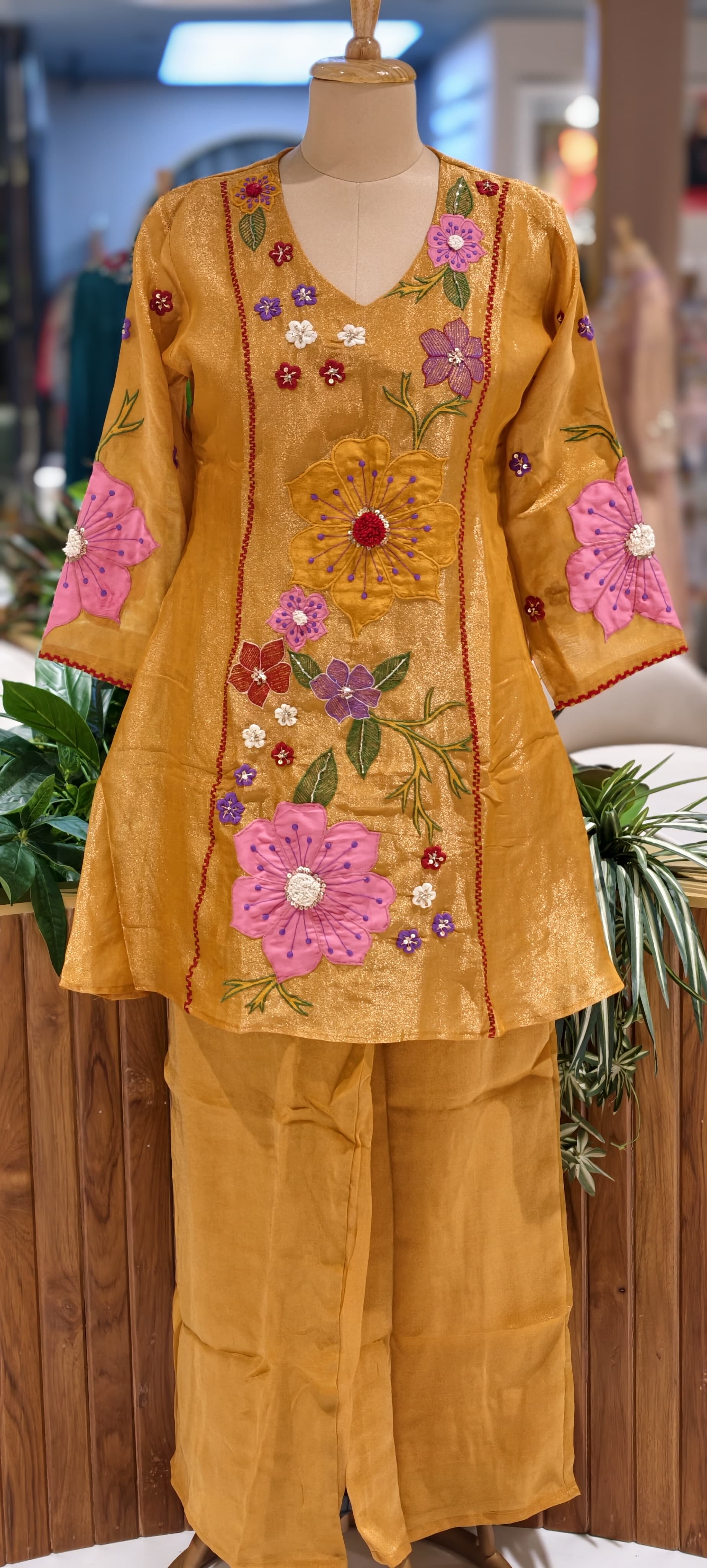 Luxury Shimmer Tissue Hand Embroidered Kurta with Palazzo Set-13812