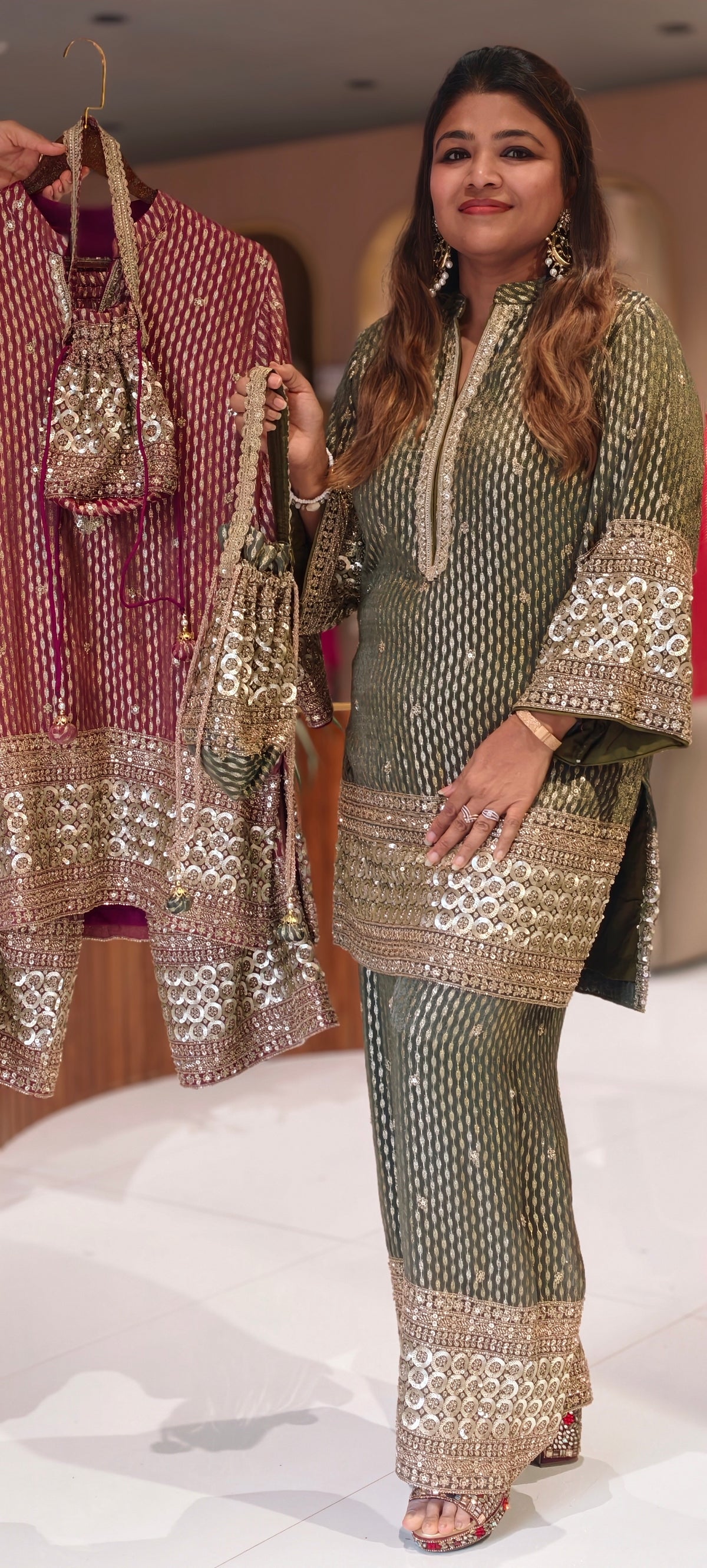 Crimson Sage Abstract Printed Short Kurta Set with Heavy Circle Lace Embroidered Borders & Flared Palazzo Pants-