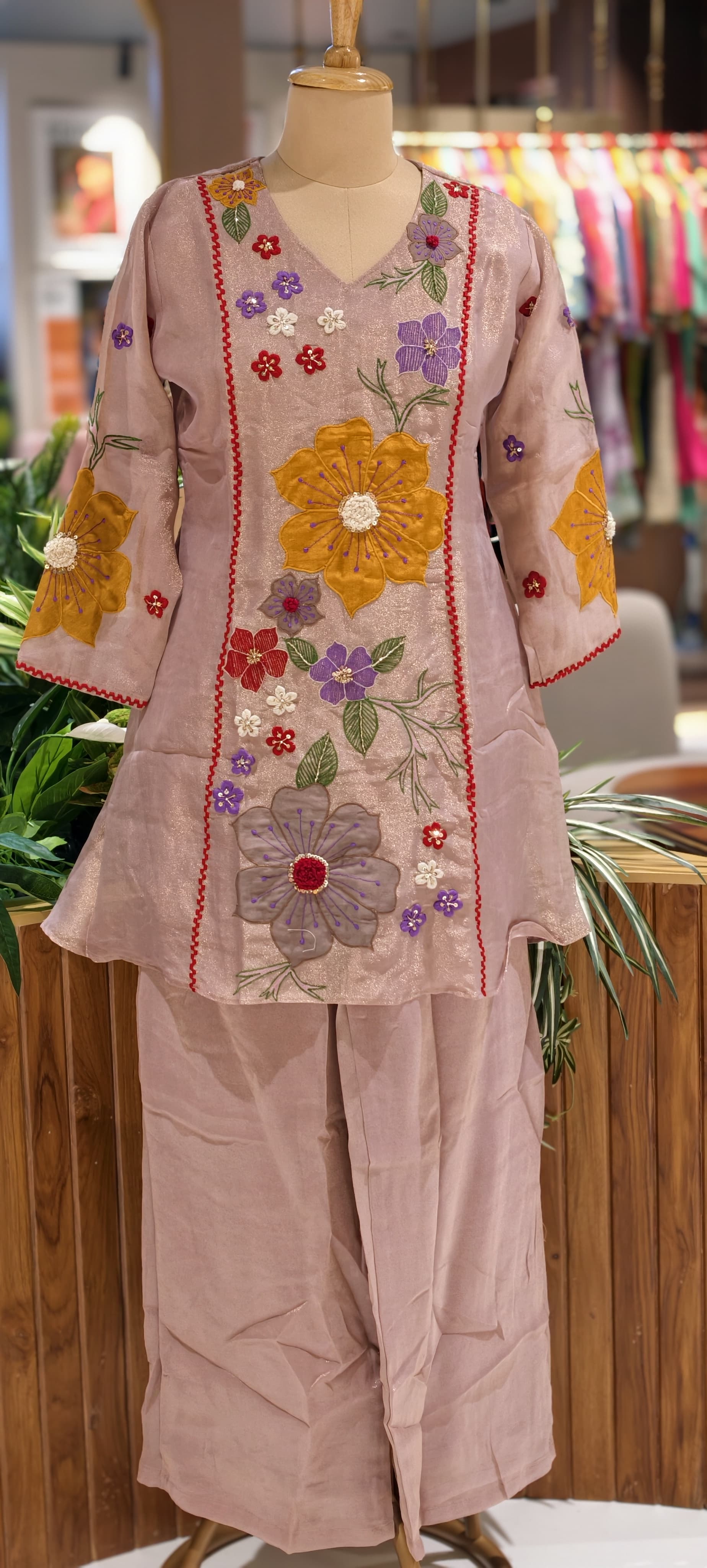 Luxury Shimmer Tissue Hand Embroidered Kurta with Palazzo Set-13812