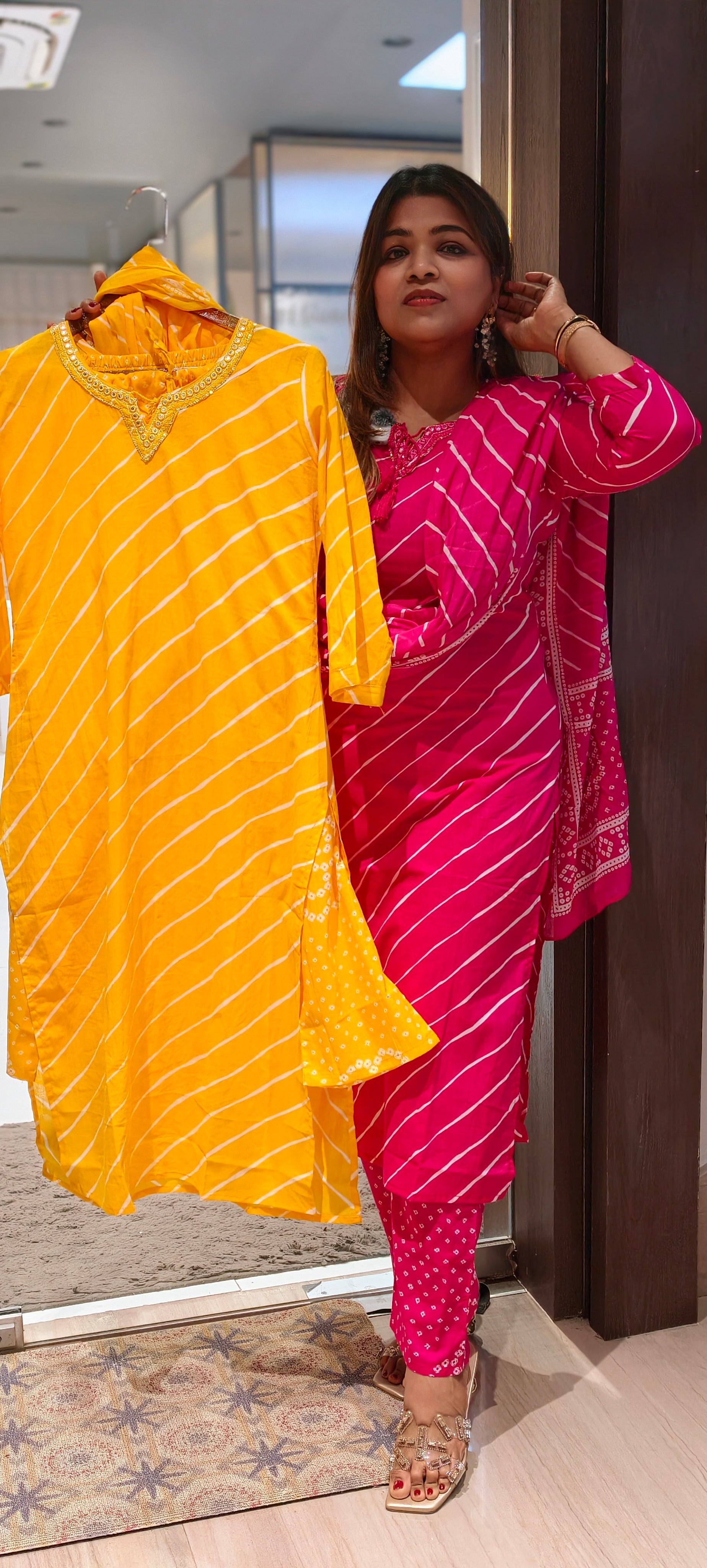 Premium Leheriya Print Cotton Full Suit Set with Matching Dupatta- 15475
