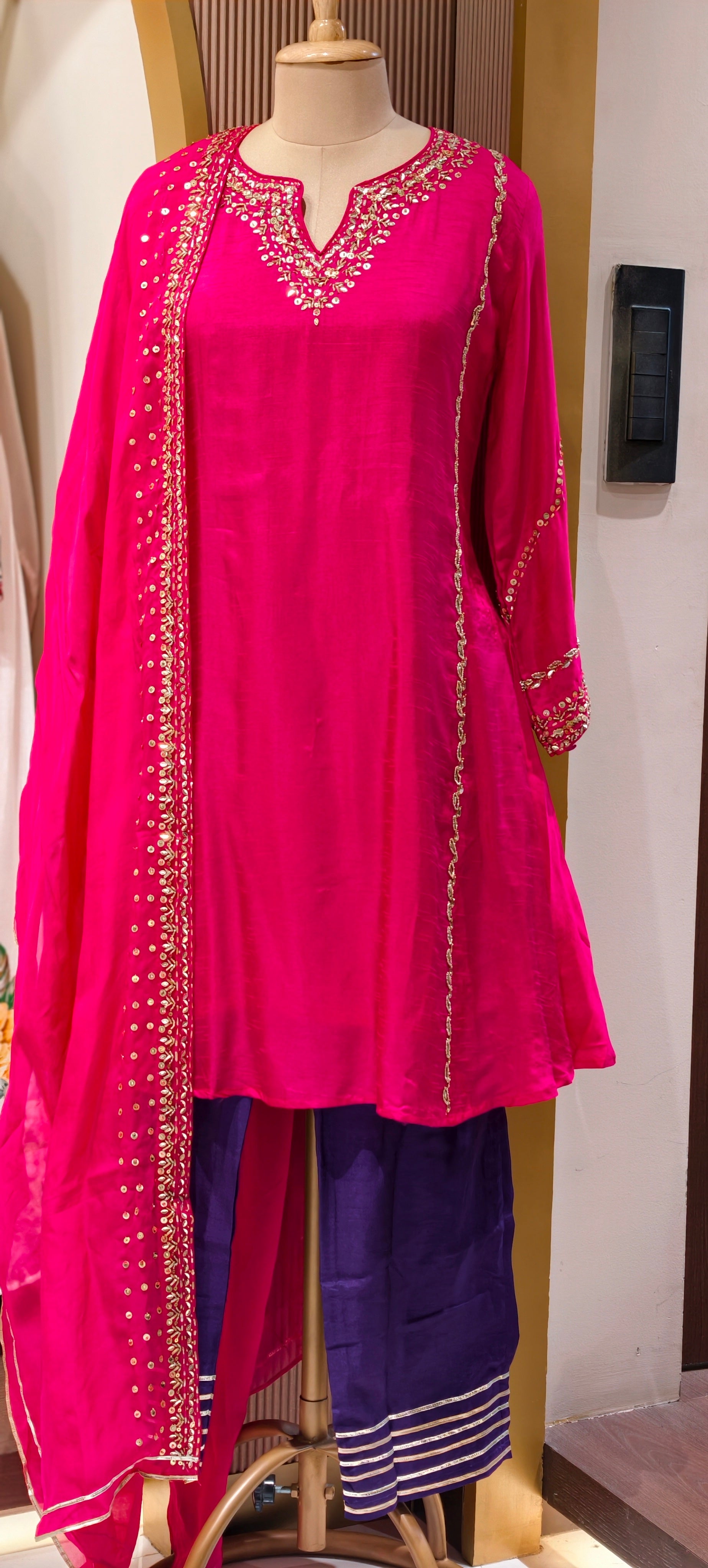 Tiny Sequin Detailing Hand Worked Contrast Mix Vibrant A-Line Full Suit Set With Dupatta In Russian Silk Fabric- 13808