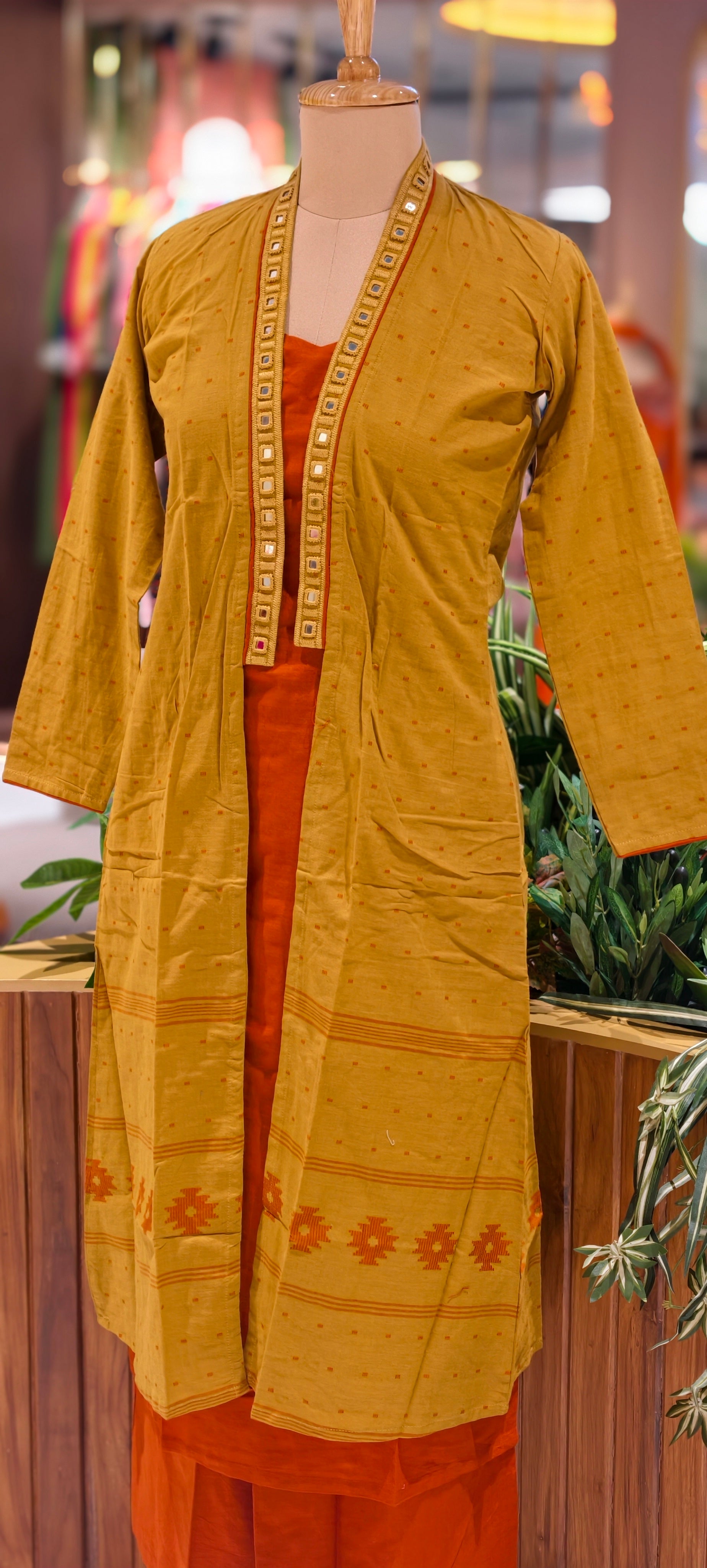 Elegant 3-Piece Layered Kurta Set with Inner, Pants & Embellished Shrug In Cotton Fabric-14193 RB178