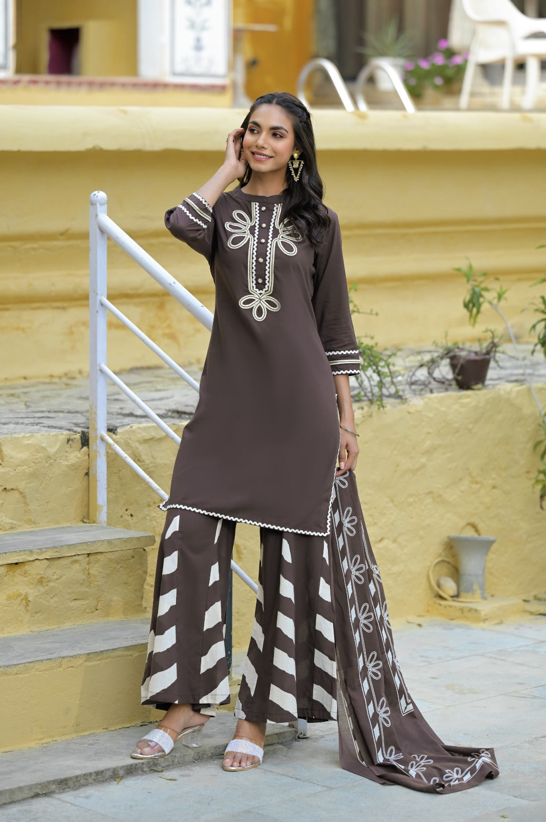 Summer Wear Embroidered Cotton Kurta With Taper Palazzo With Dupatta-12210,12211,12212,12209