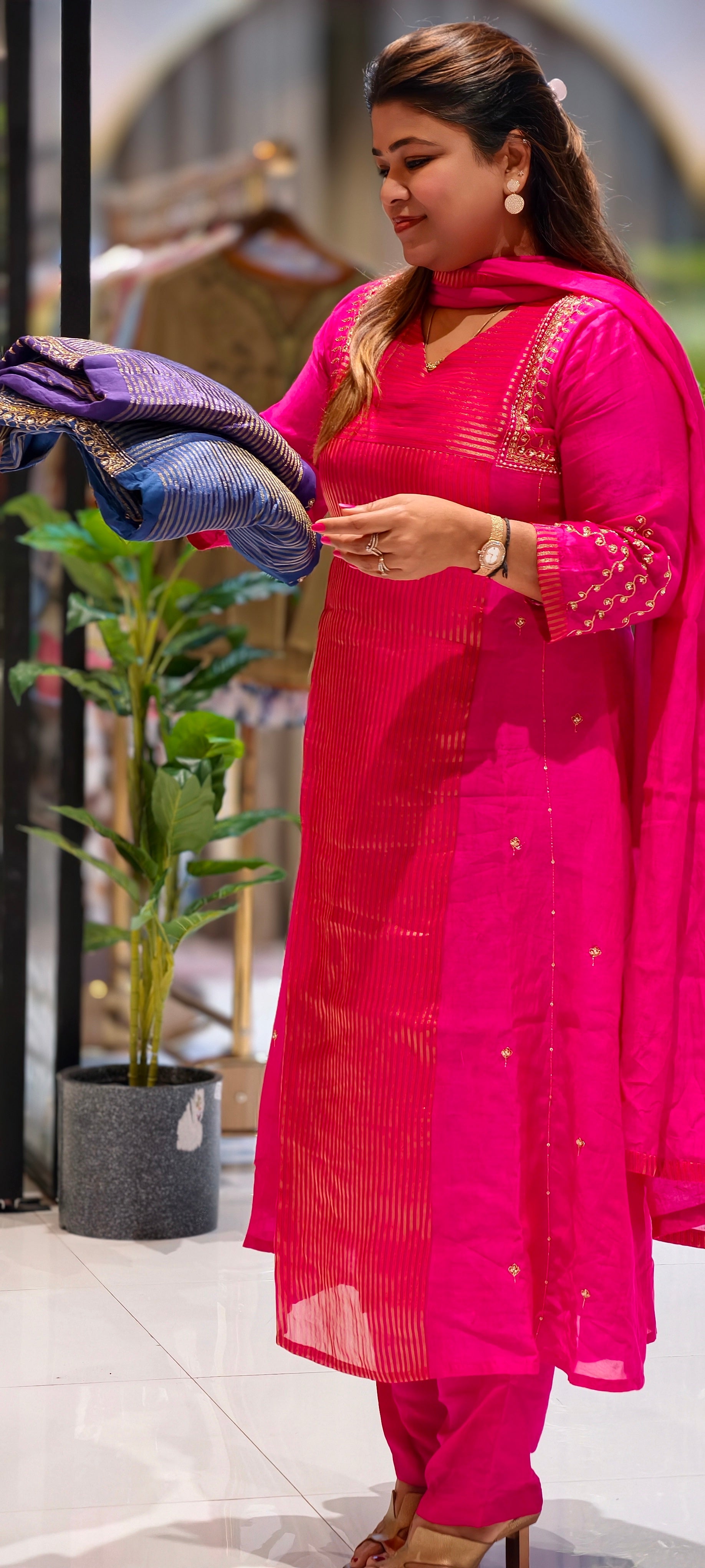 Banarasi Mul Chanderi Golden Striped Zardosi Embroidered A-Line Full Suit Set With Matching Dupatta- 15803
