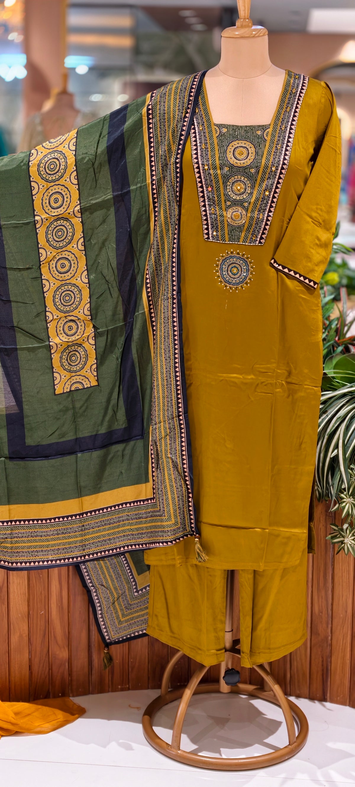 Trible Print Cotton Silk Embroidered Patch Yoke Full Suit with Pockets And Contrast Printed Muslin Dupatta 16808
