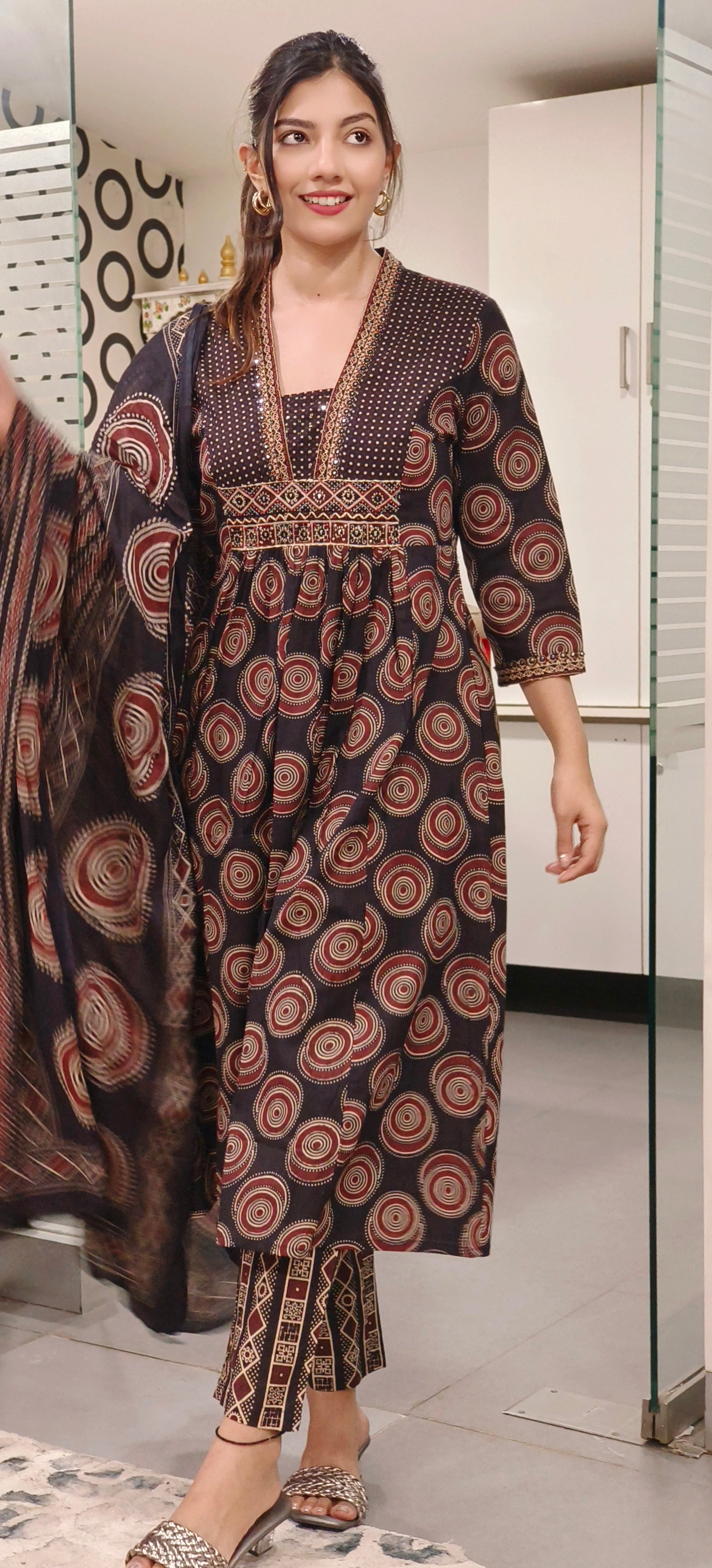 Elegant Pure Cotton Printed A-Line Kurta with V-Neckline, Coordinated Pants, and Dupatta – Perfect for Effortless Grace