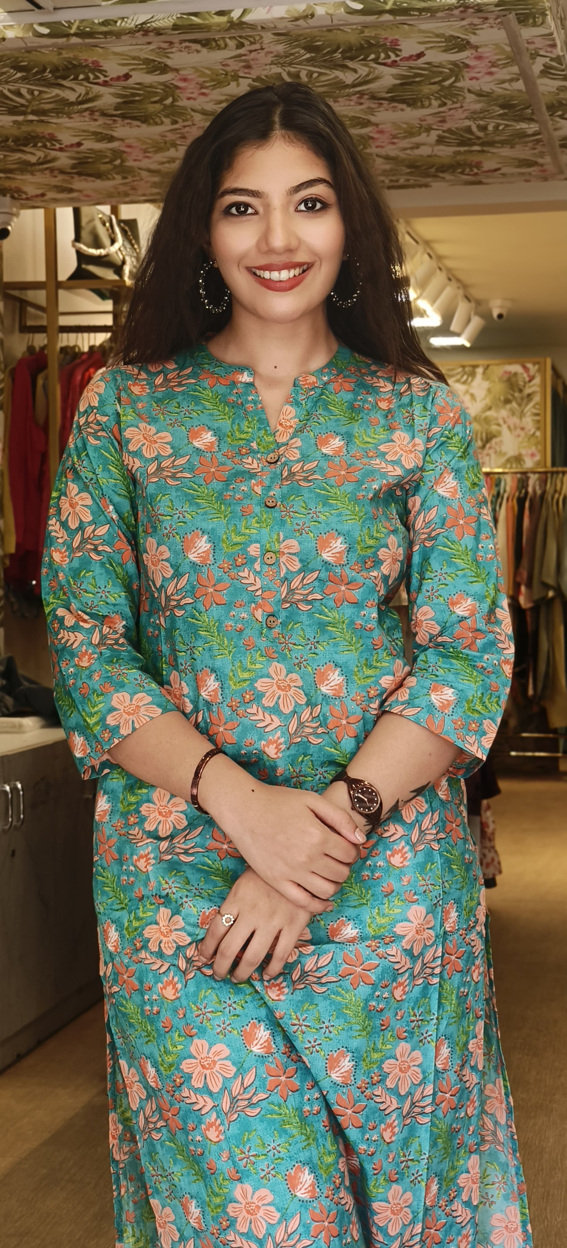 Summer Chic Mandarin Collar Floral Print Pure Cotton Kurti for Everyday Elegance-08749