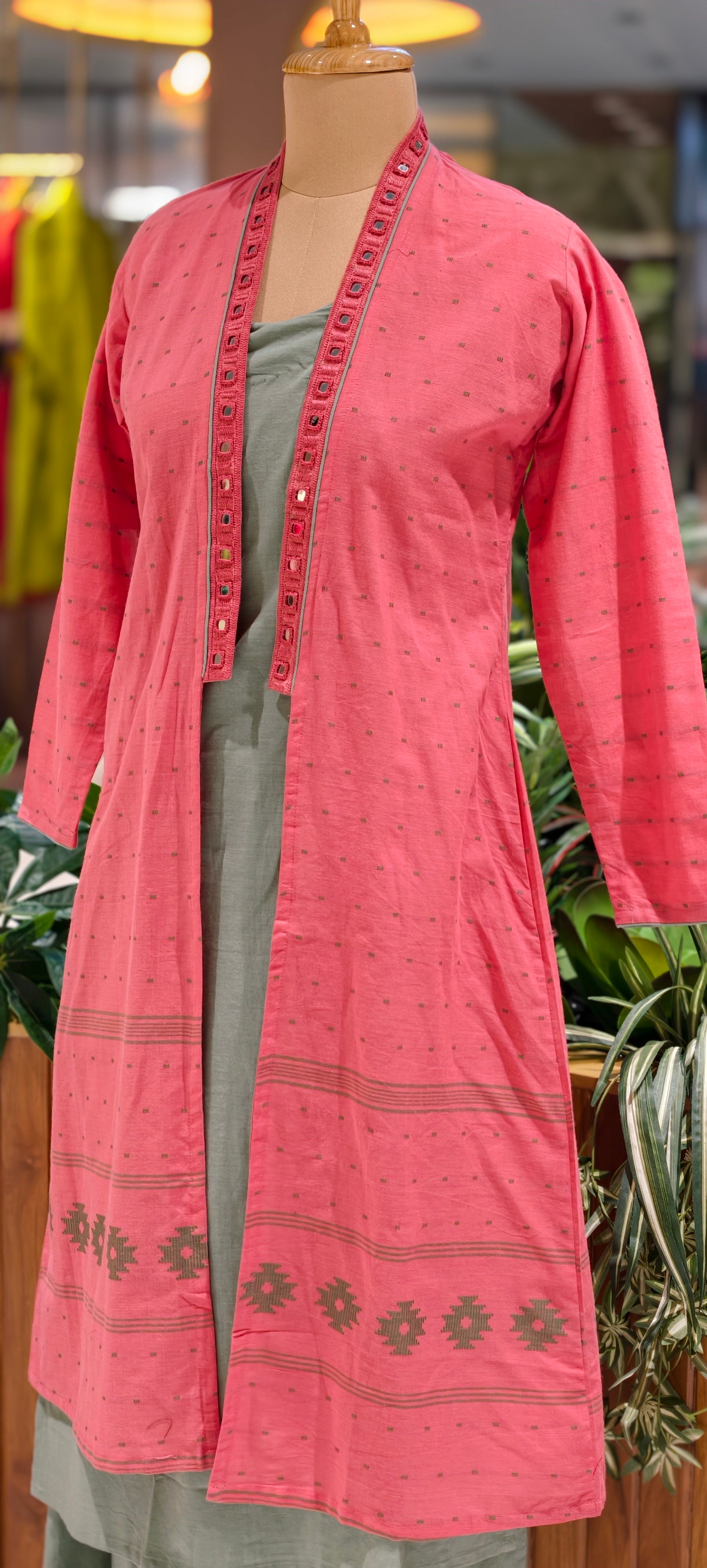Elegant 3-Piece Layered Kurta Set with Inner, Pants & Embellished Shrug In Cotton Fabric-14193 RB178