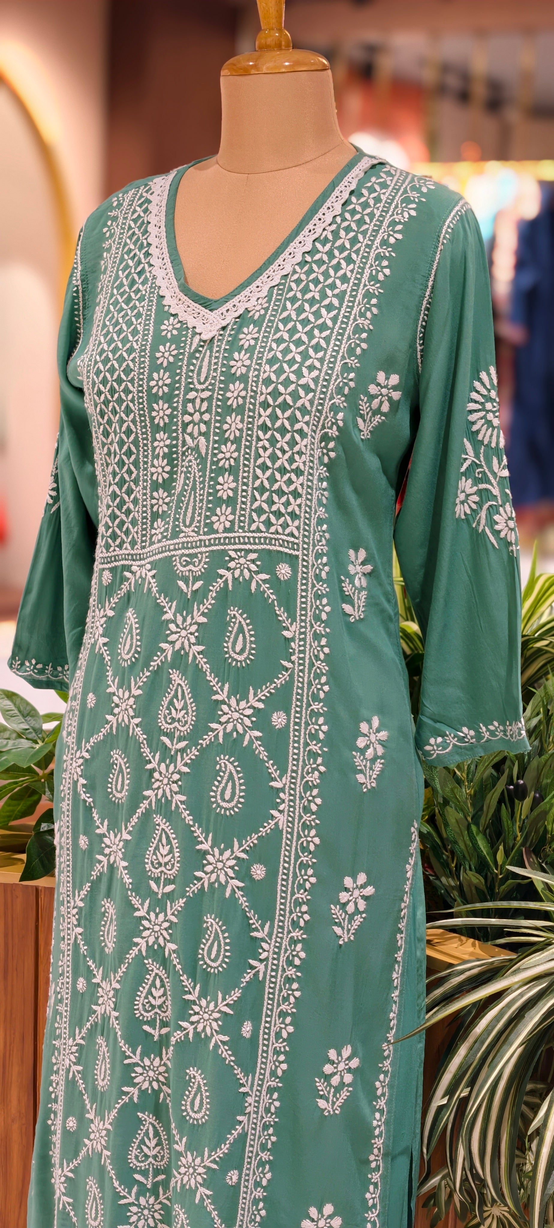 Beautiful Muslin Fabric without Lining  Lucknowi style kurta pant set with Intricate White Thread Embroidery -13947