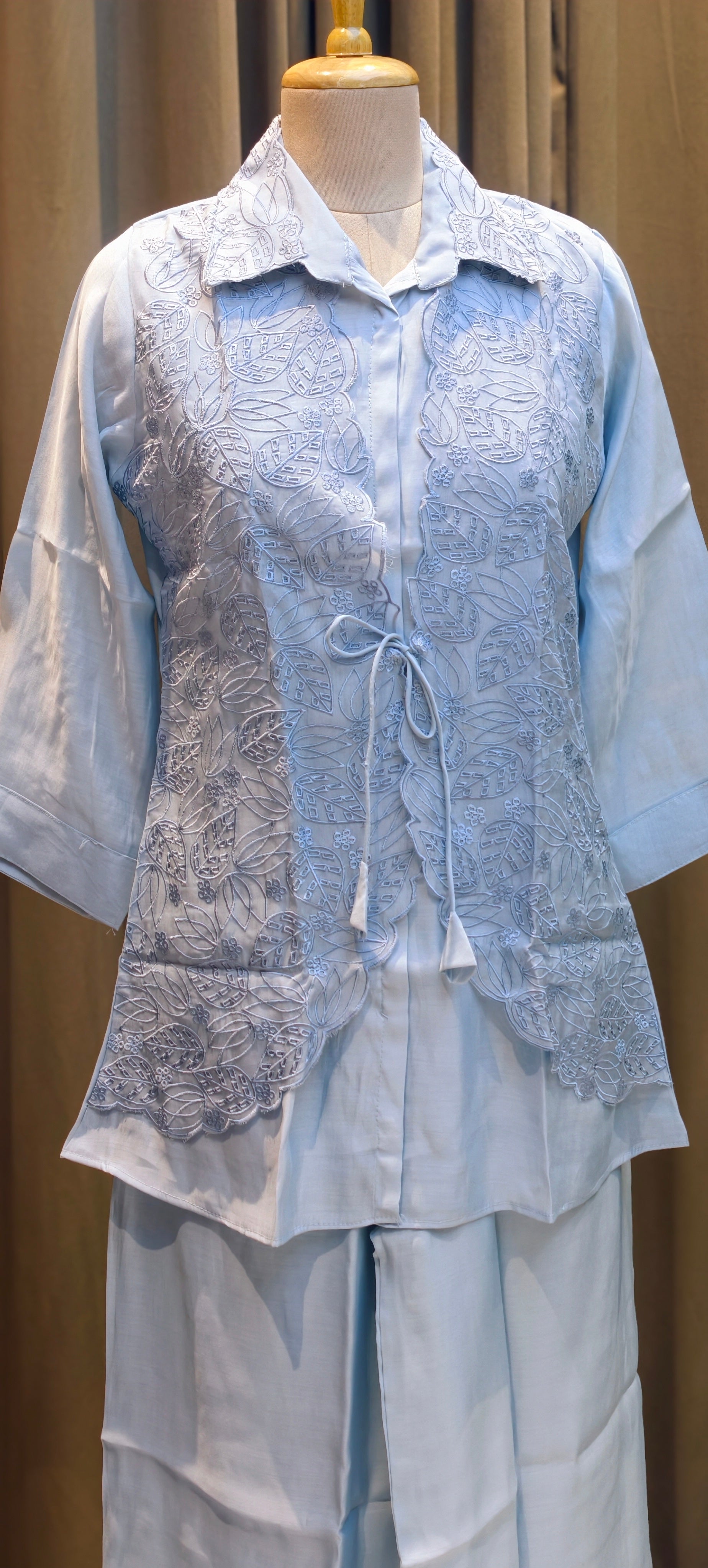 Pastel Surat Mul Chanderi Kurta Set with Statement Embroidered Attached Jacket-13904