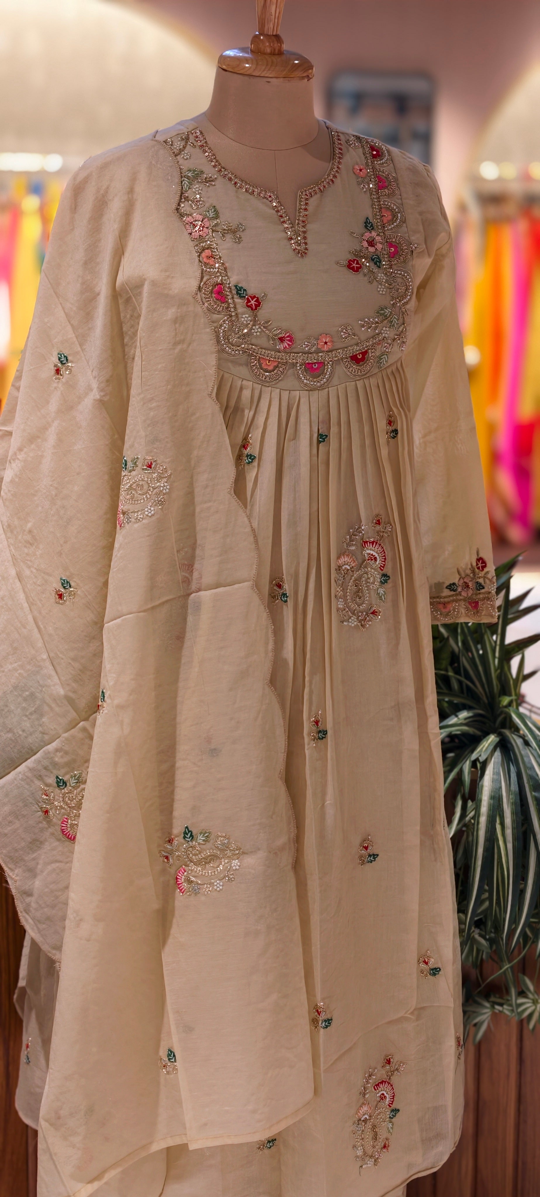 Mulchanderi Embroidered neckline and scattered floral motifs Anarkali Kurta Set with Dupatta 13860