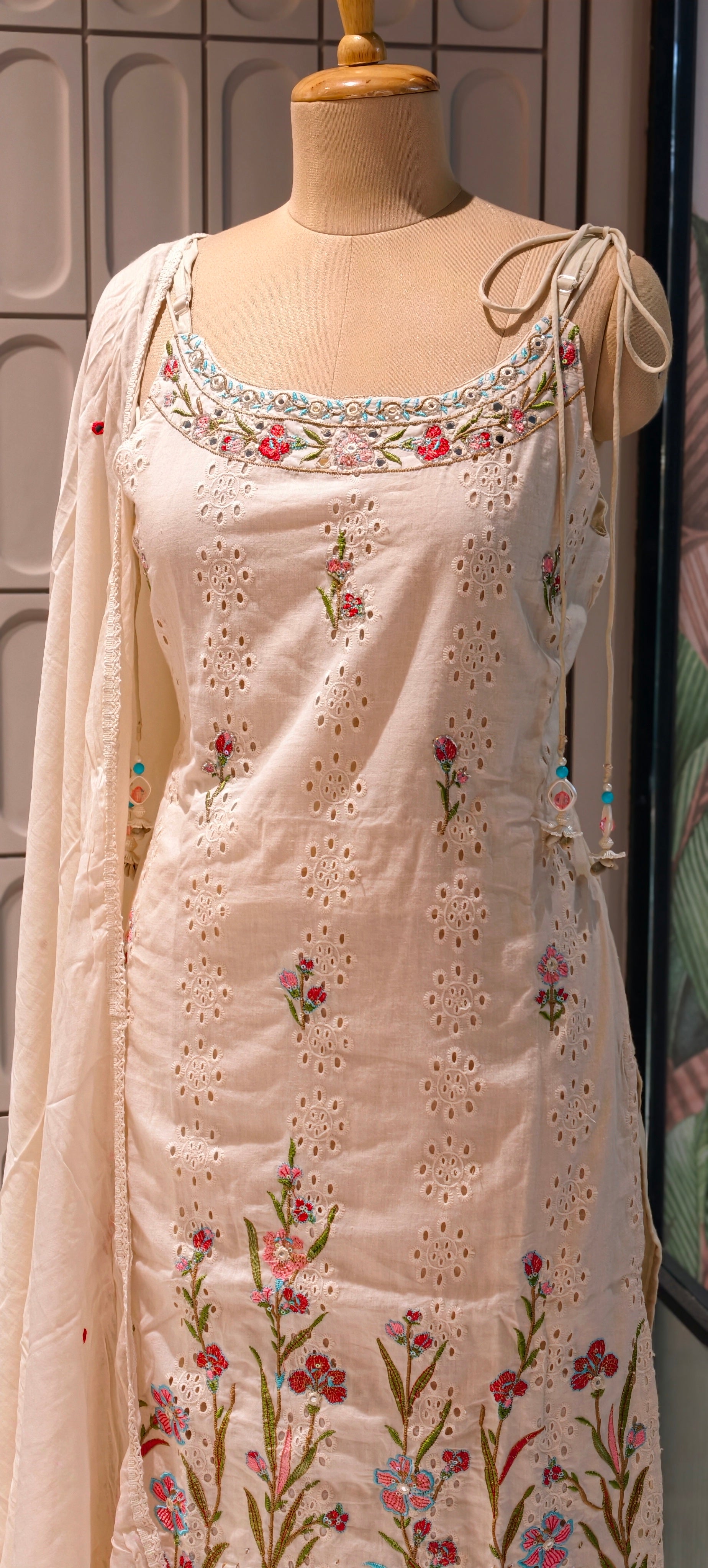 Elegant Sleeveless Noodle Strap Kurti with Skirt Set – Floral Embroidered Designer Suit 13959 RB14