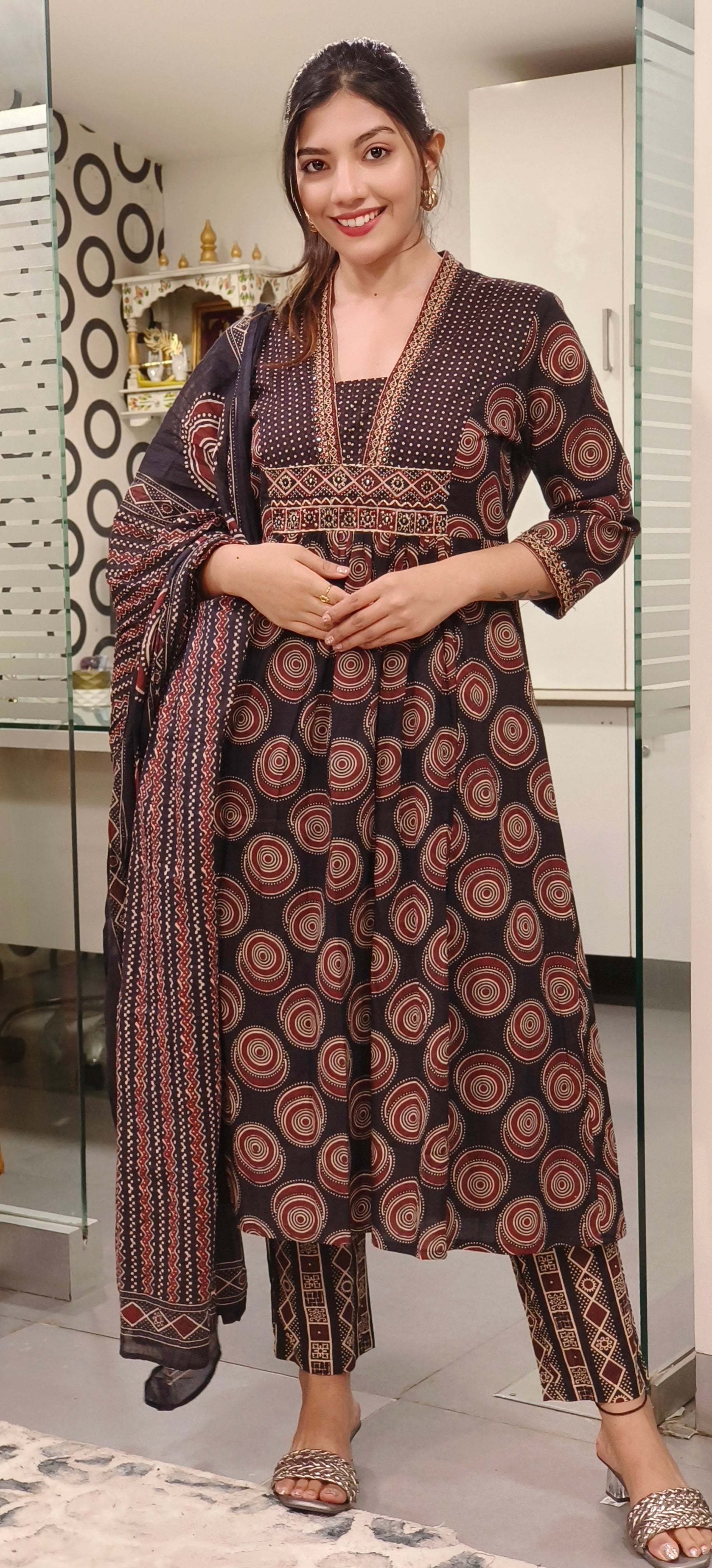 Elegant Pure Cotton Printed A-Line Kurta with V-Neckline, Coordinated Pants, and Dupatta – Perfect for Effortless Grace