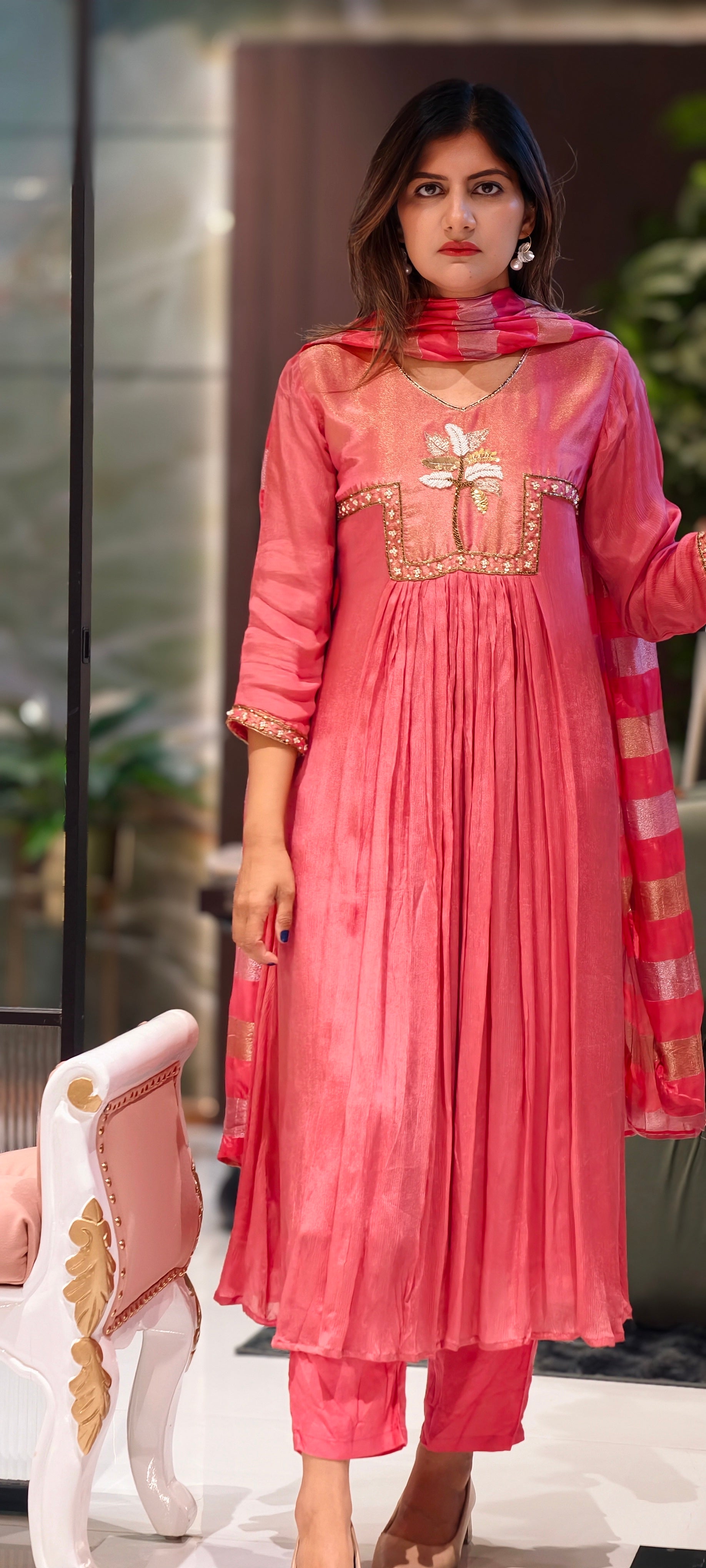 Ghoomar Palm Inspired Embroidered Yoke Chinon Matching Anarkali Full Suit Set With Dupatta- 15235