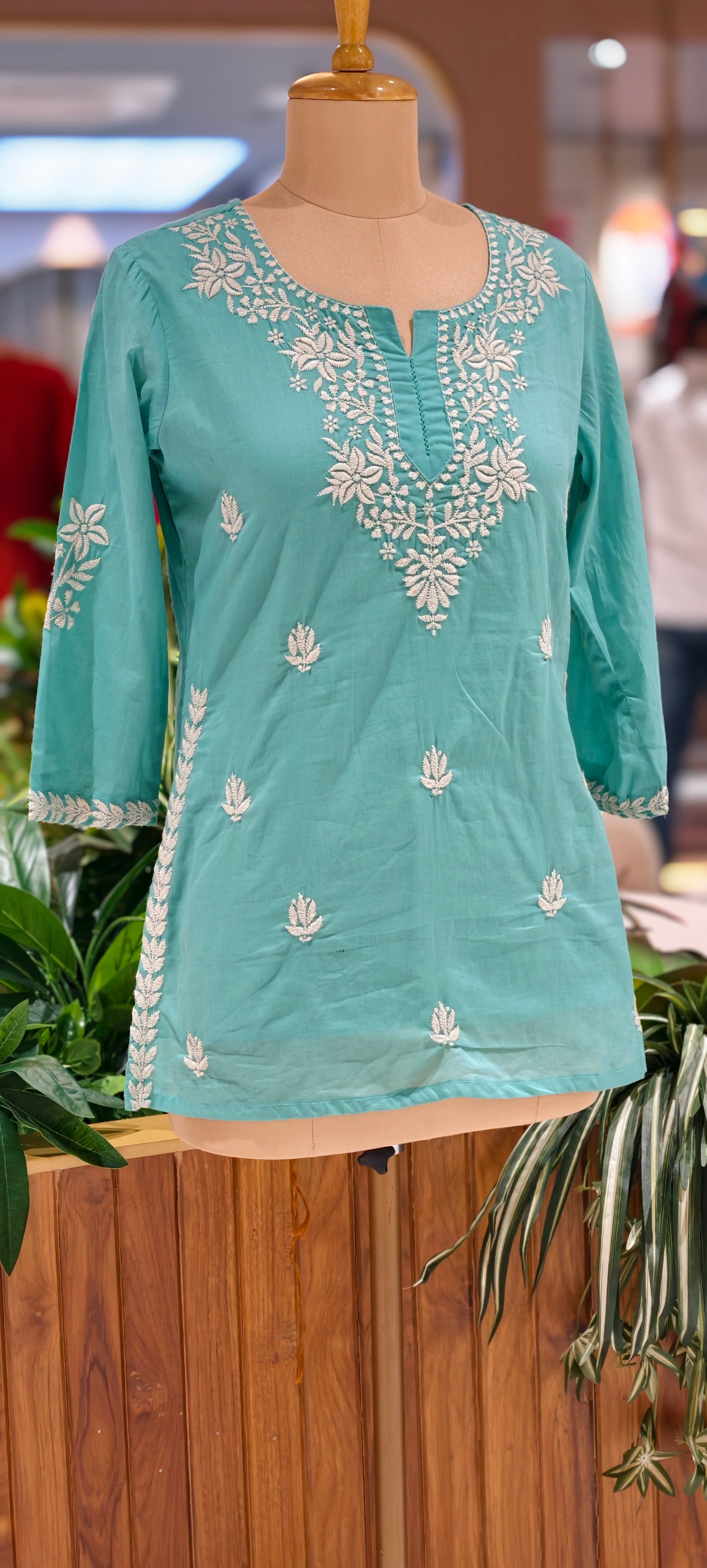 Floral Embroidered Round Neck Mul Cotton Short Kurti Top-13945 RB309