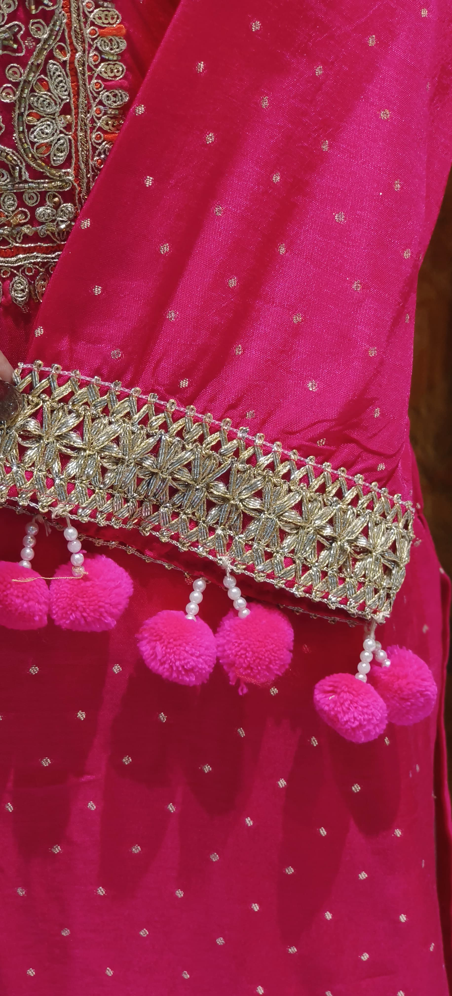 Dola Silk Embroidered Kurta Set with Heavy Zari & Thread Work Yoke, Matching Pants, and Pom-Pom Detailed Dupatta-12706,12705