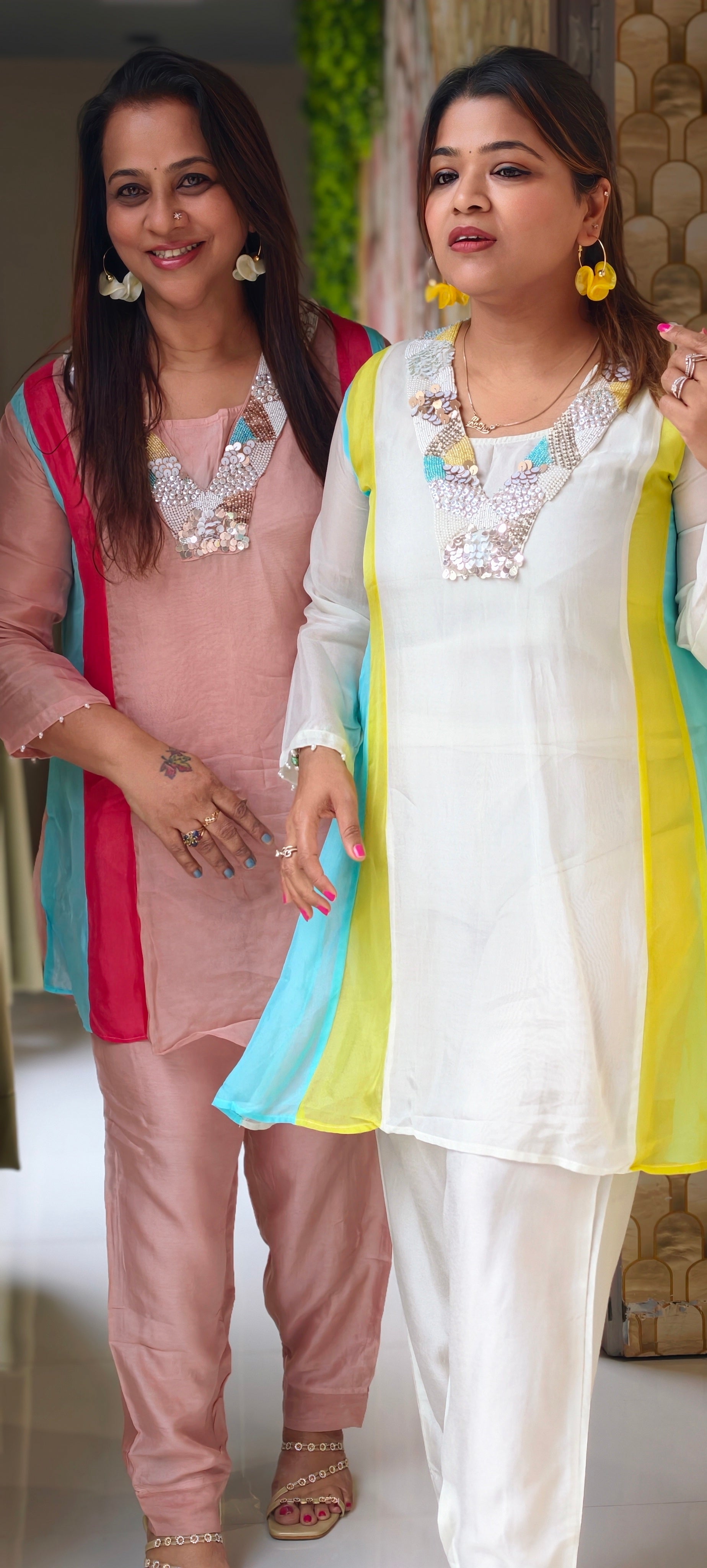 Handcrafted Neck Embroidery Royal Pastel Multicolor Panelled Kurta Pant With Inner- 15850